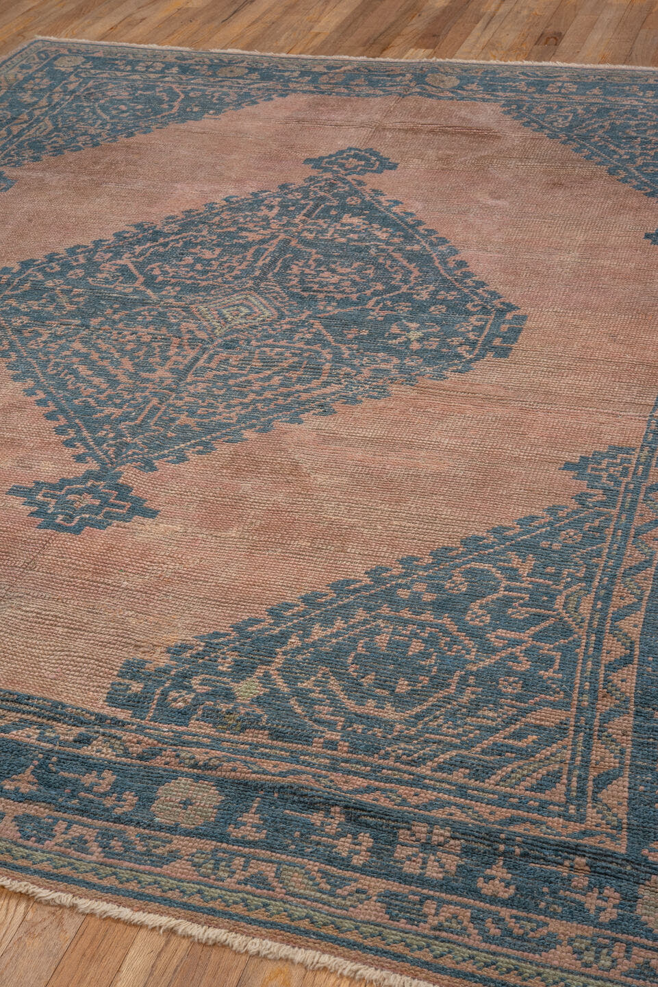 6' x 8' one-of-a-kind handmade antique Oushak medium size rug. Color palette: blush, blue, taupe, ivory, pink, beige, gray