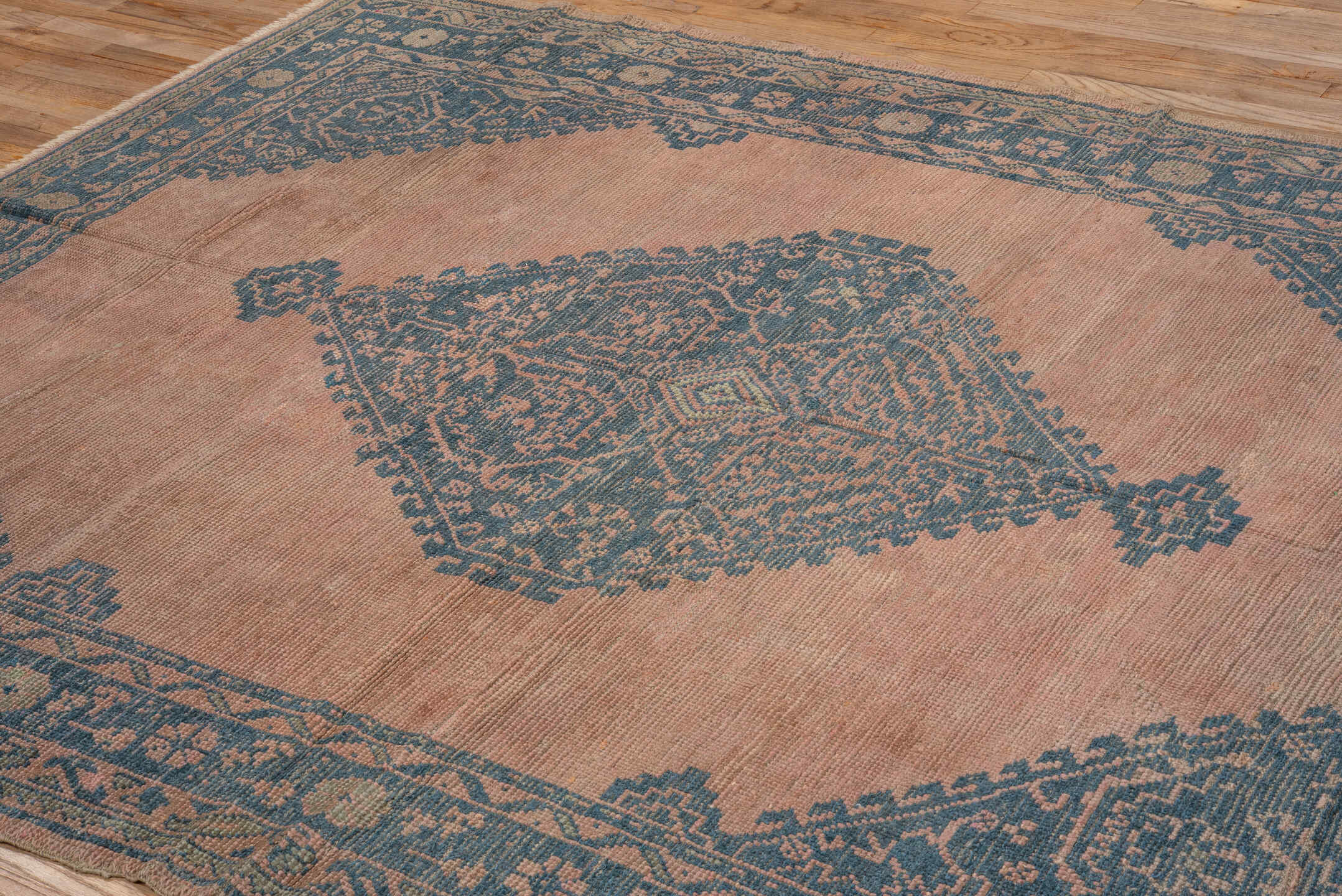 6' x 8' one-of-a-kind handmade antique Oushak medium size rug. Color palette: blush, blue, taupe, ivory, pink, beige, gray