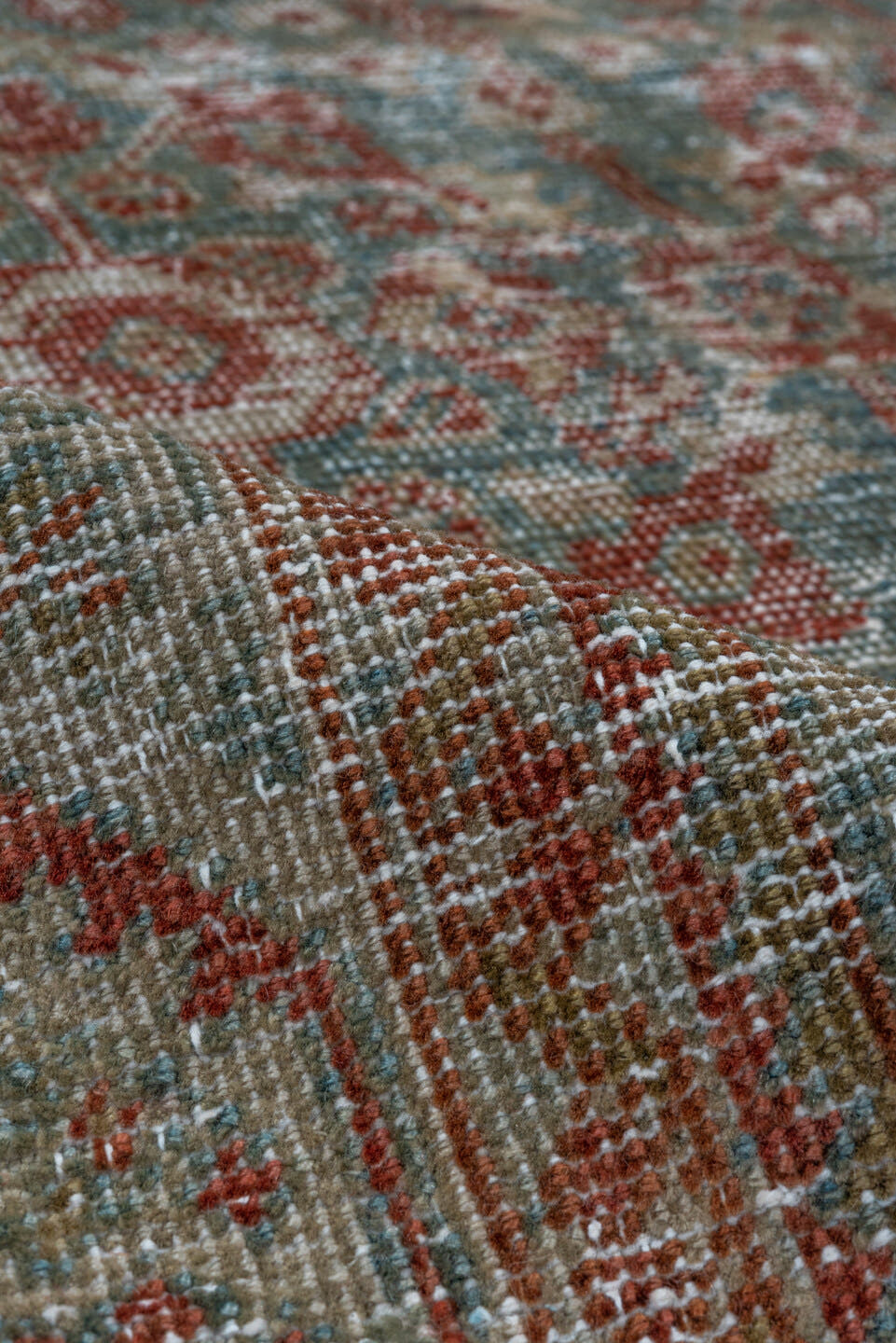 4' x 6' one-of-a-kind handmade antique Farahan small size rug. Color palette: pale blue, rust, ivory, taupe, sage