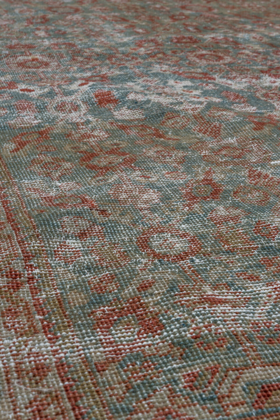 4' x 6' one-of-a-kind handmade antique Farahan small size rug. Color palette: pale blue, rust, ivory, taupe, sage