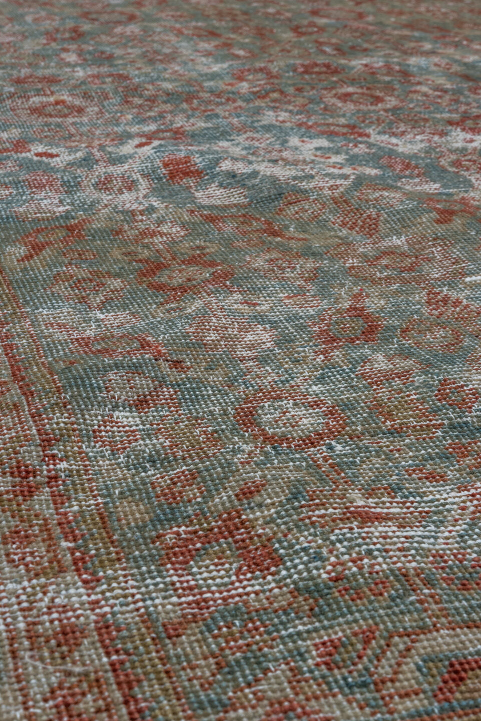 4' x 6' one-of-a-kind handmade antique Farahan small size rug. Color palette: pale blue, rust, ivory, taupe, sage