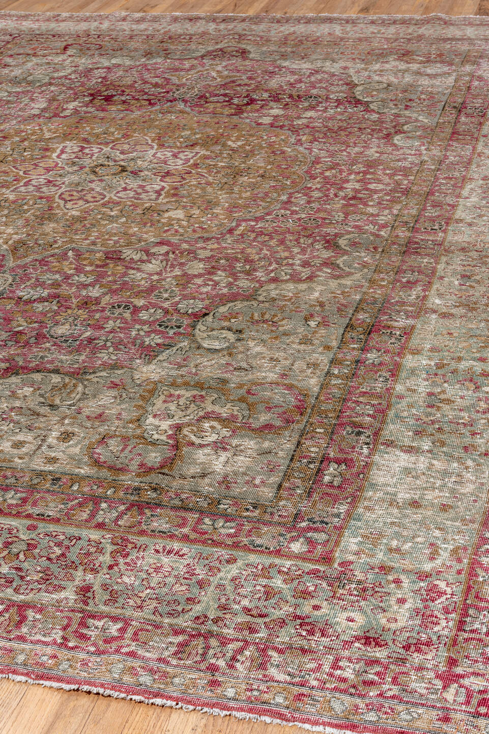9' x 13' one-of-a-kind handmade antique Lavar large size rug. Color palette: rose, ivory, taupe, terra cotta, dusty pink