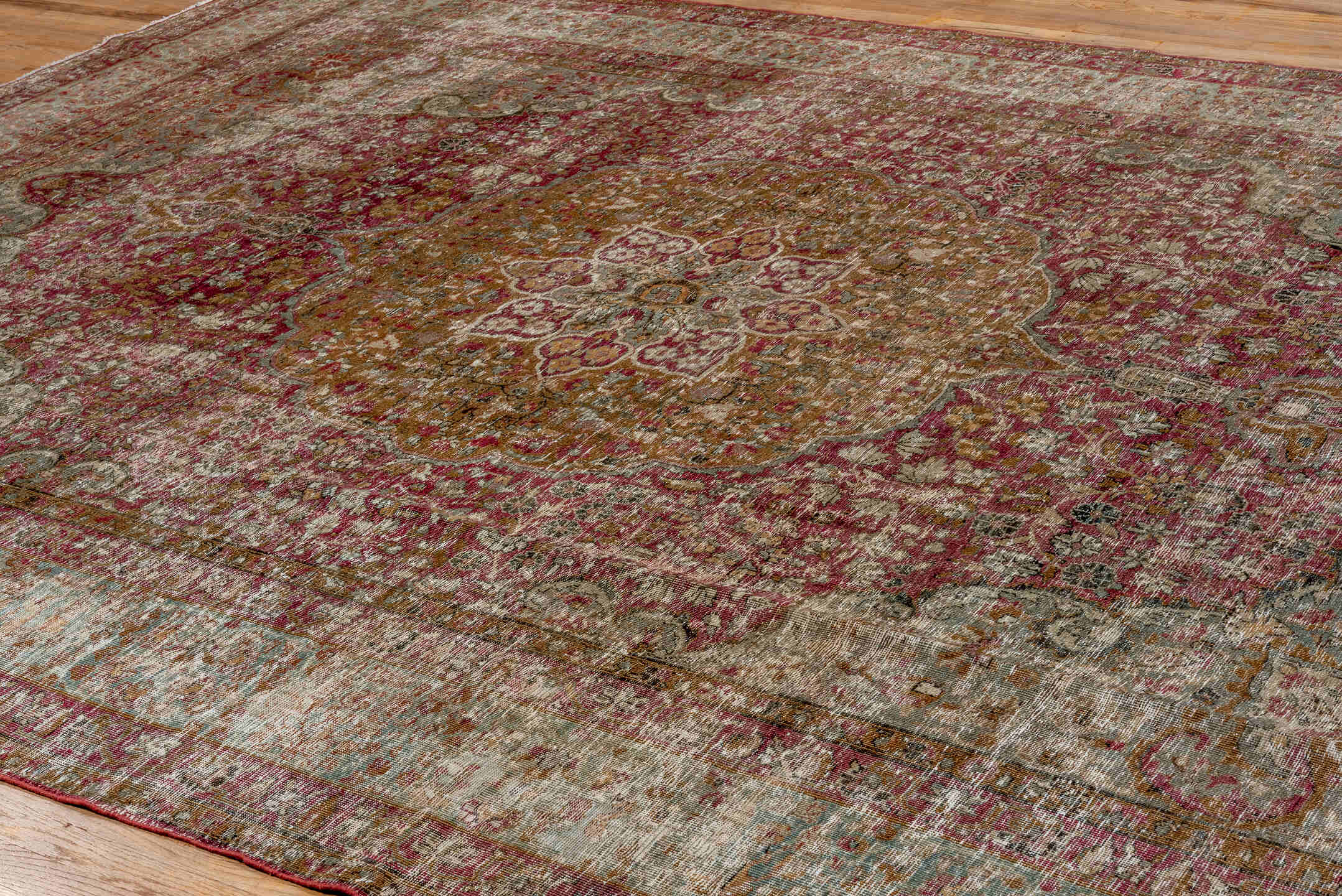 9' x 13' one-of-a-kind handmade antique Lavar large size rug. Color palette: rose, ivory, taupe, terra cotta, dusty pink