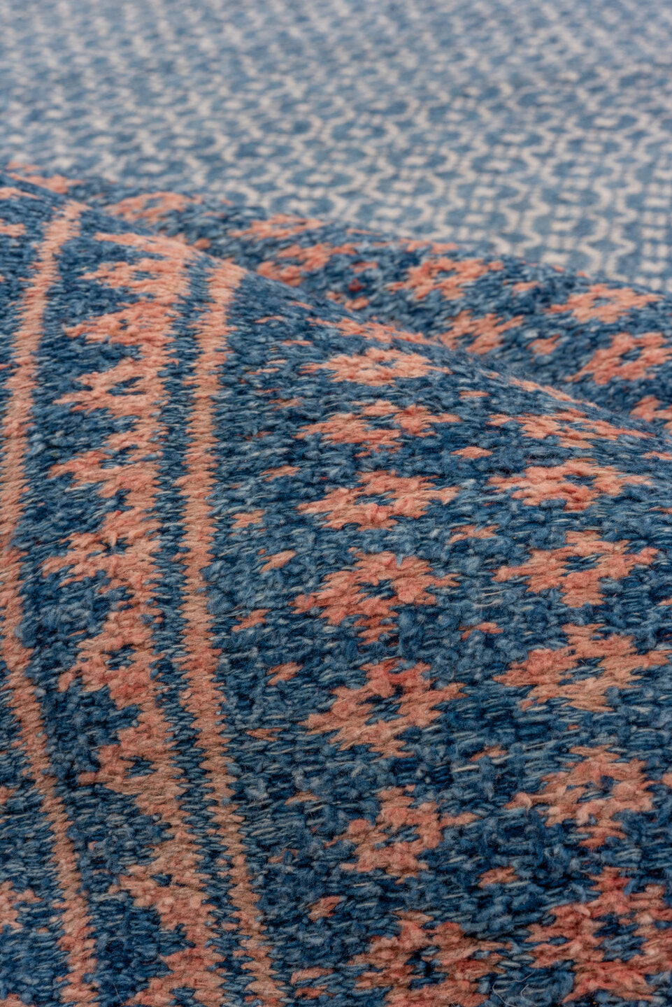 10' x 17' one-of-a-kind handmade antique Kilim rug. Color palette: blue, rose, ivory, pink, red