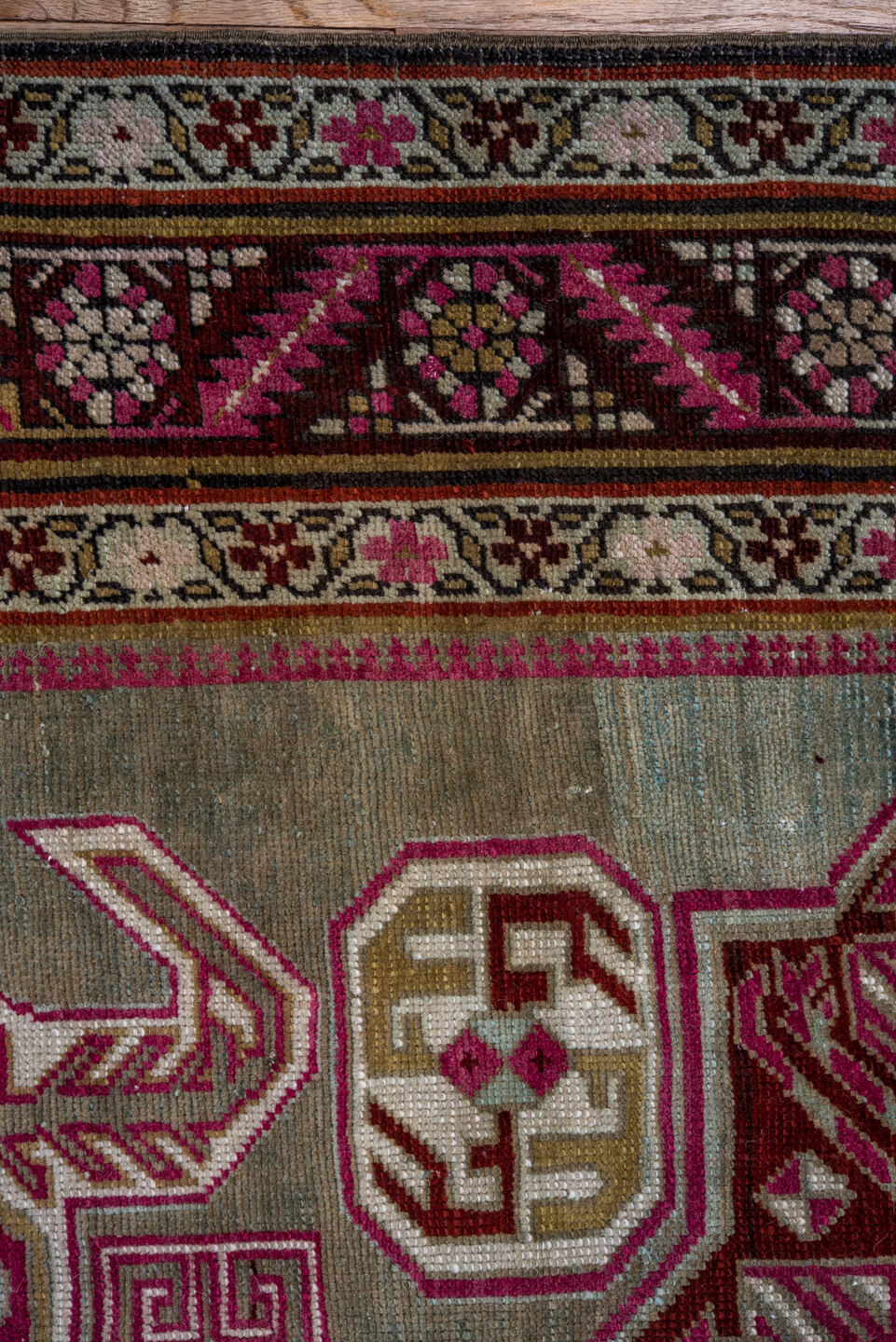 3' x 17' one-of-a-kind handmade vintage Caucasian runner rug. Color palette: brown, gray, off-white, red, snow, white