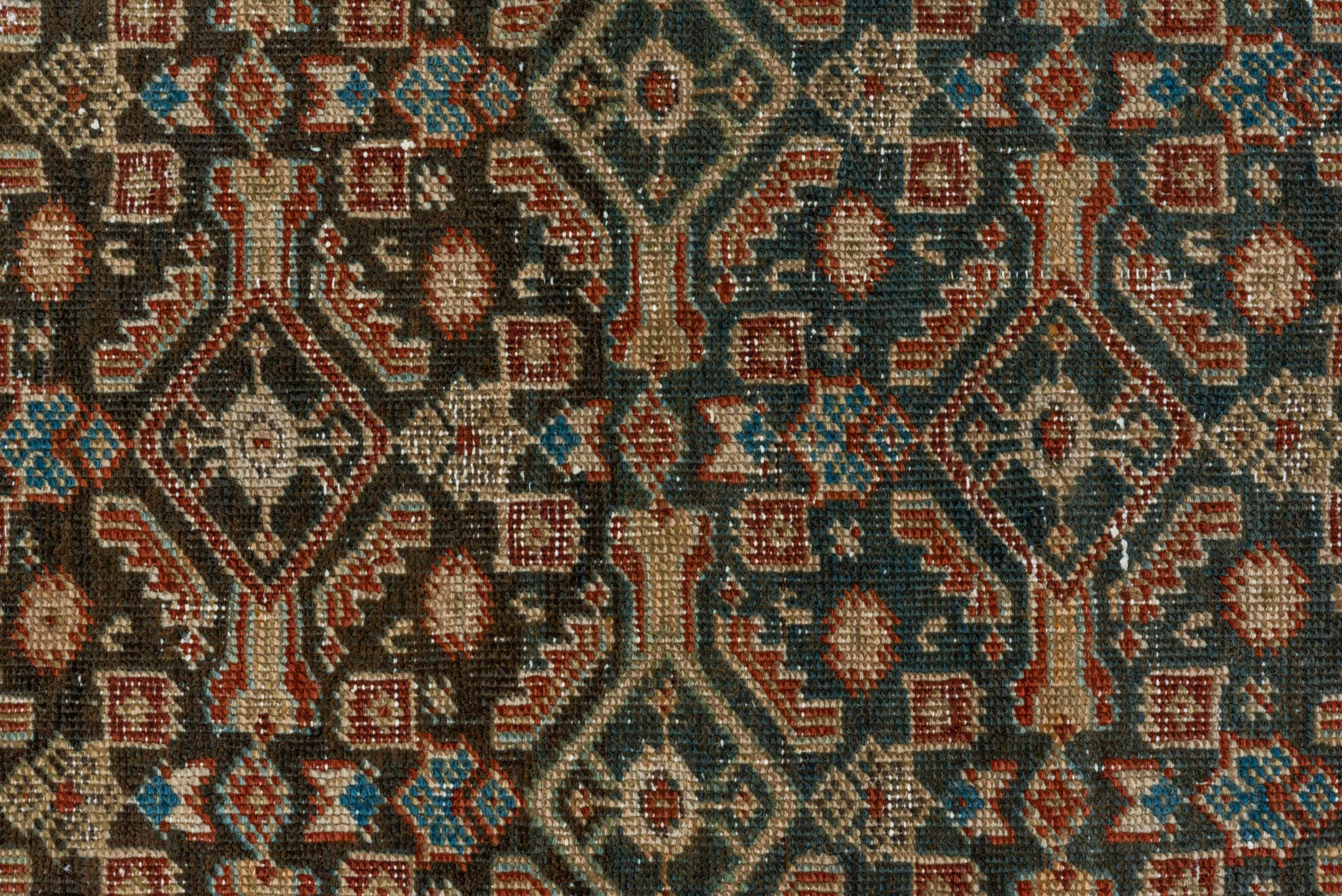 3' x 11' one-of-a-kind handmade antique Karabagh runner rug. Color palette: rust, ivory, charcoal, sky_blue, taupe, camel