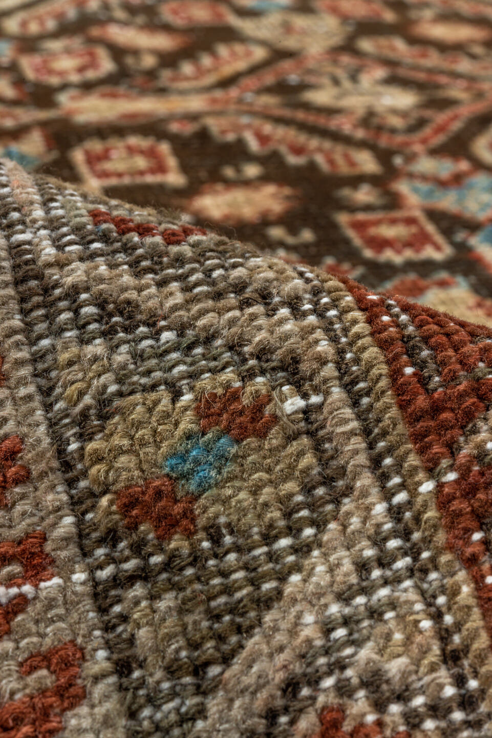 3' x 11' one-of-a-kind handmade antique Karabagh runner rug. Color palette: rust, ivory, charcoal, sky_blue, taupe, camel