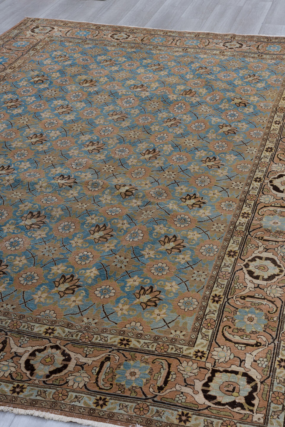 7' x 10' one-of-a-kind handmade vintage Sivas large size rug. Color palette: black, blue, brown, charcoal, gray, light gray