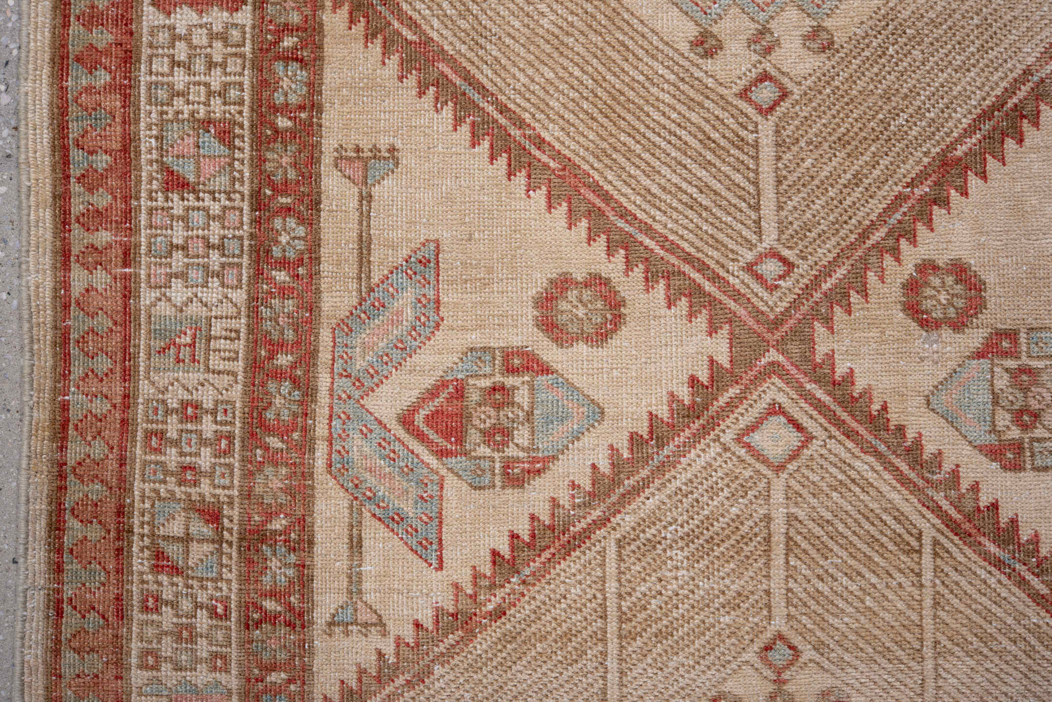2' x 12' one-of-a-kind handmade antique Sarab runner rug. Color palette: ivory, rust, sky blue, camel, terra cotta, taupe