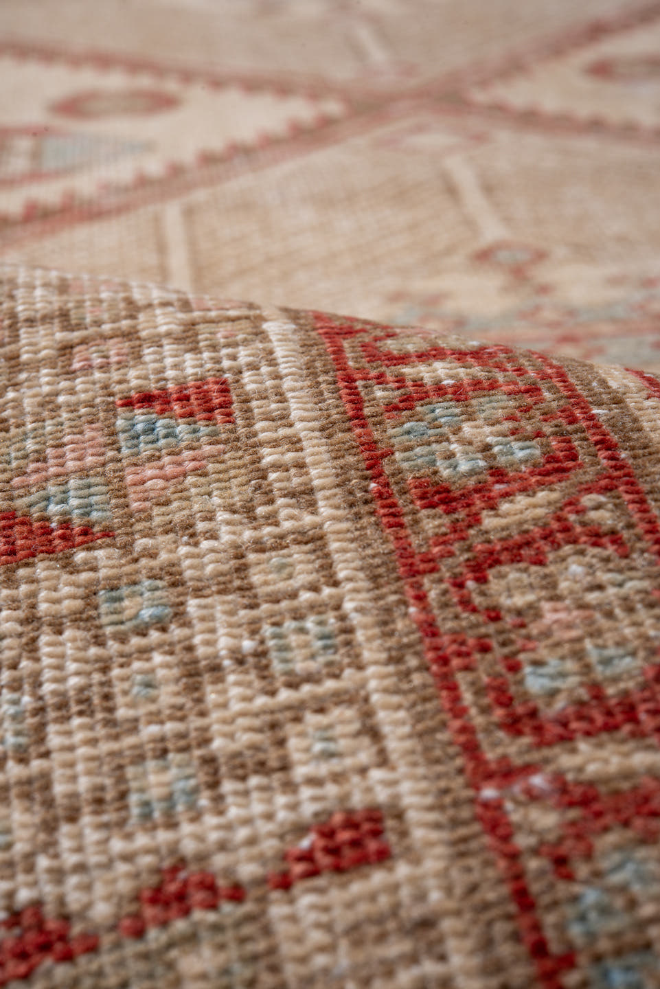2' x 12' one-of-a-kind handmade antique Sarab runner rug. Color palette: ivory, rust, sky blue, camel, terra cotta, taupe