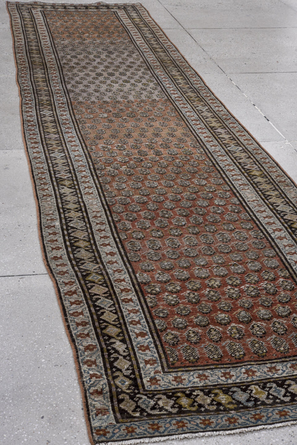 3' x 14' one-of-a-kind handmade antique Malayer runner rug. Color palette: ivory, rust, charcoal, taupe, camel, brown, slate