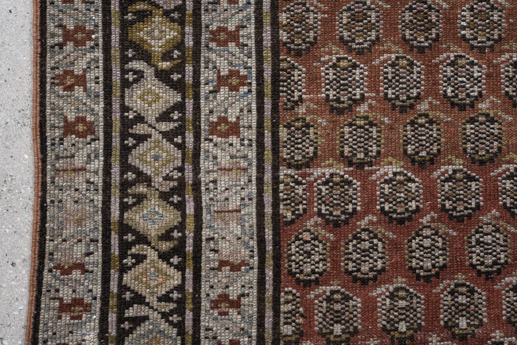 3' x 14' one-of-a-kind handmade antique Malayer runner rug. Color palette: ivory, rust, charcoal, taupe, camel, brown, slate