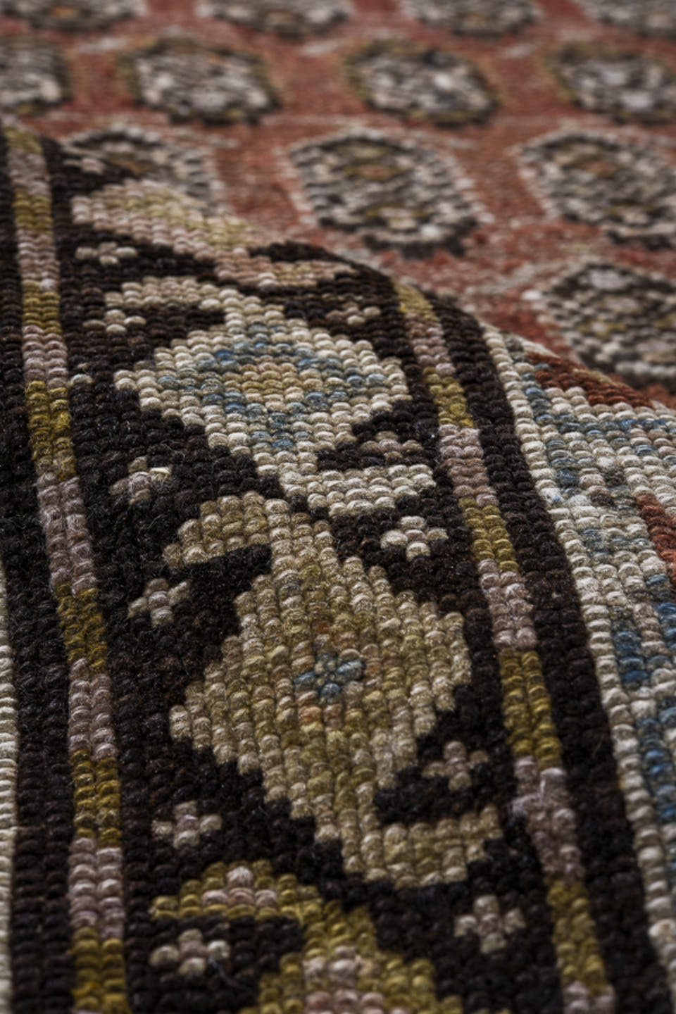 3' x 14' one-of-a-kind handmade antique Malayer runner rug. Color palette: ivory, rust, charcoal, taupe, camel, brown, slate