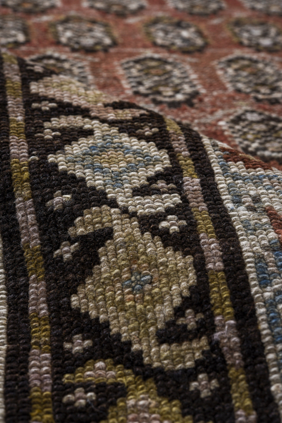 3' x 14' one-of-a-kind handmade antique Malayer runner rug. Color palette: ivory, rust, charcoal, taupe, camel, brown, slate