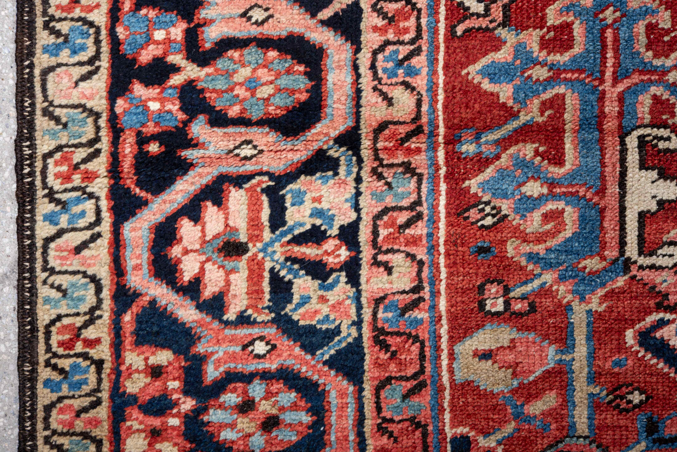 9' x 12' one-of-a-kind handmade vintage Heriz large size rug. Color palette: rust, navy, ivory, coral, slate_blue, rose