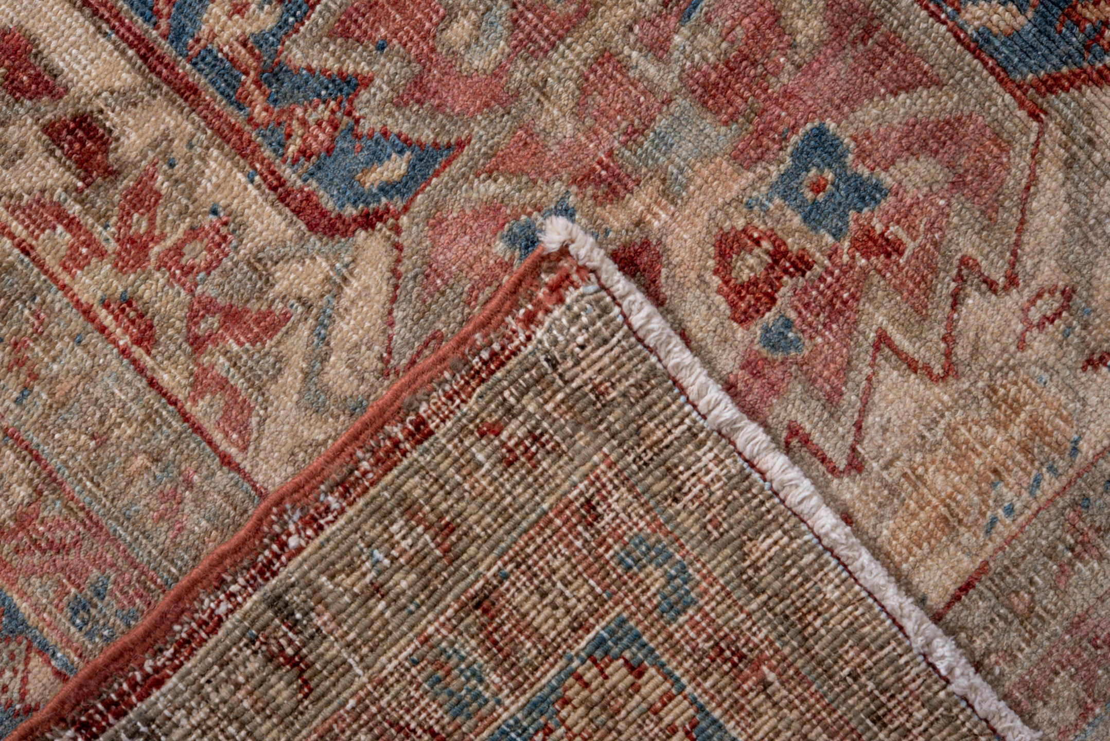8' x 12' one-of-a-kind handmade antique Heriz large size rug. Color palette: rust, sky blue, ivory, beige, brick, camel