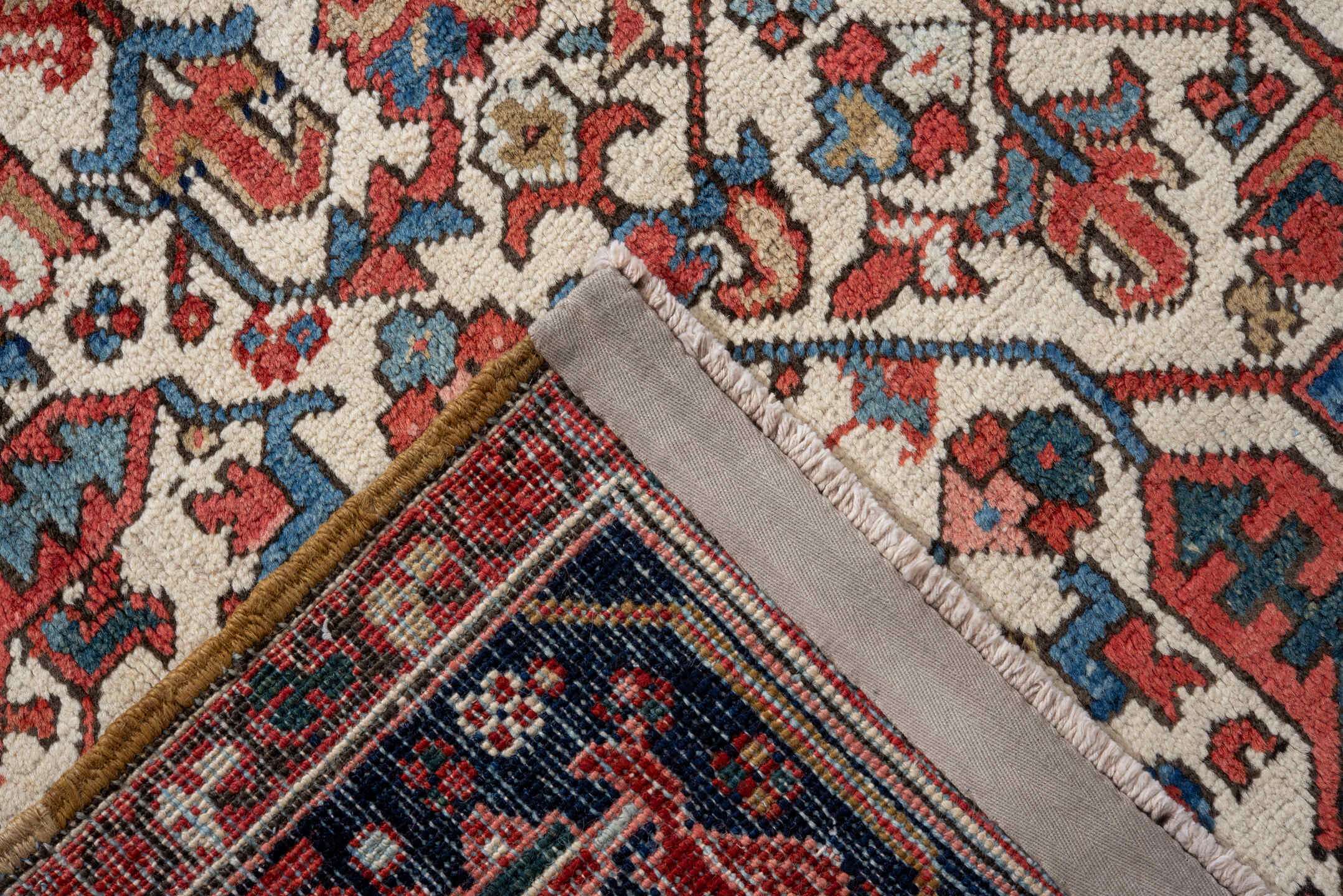 7' x 9' one-of-a-kind handmade vintage Heriz rug. Color palette: blue, brown, dark gray, fiord, gray, light gray, off-white