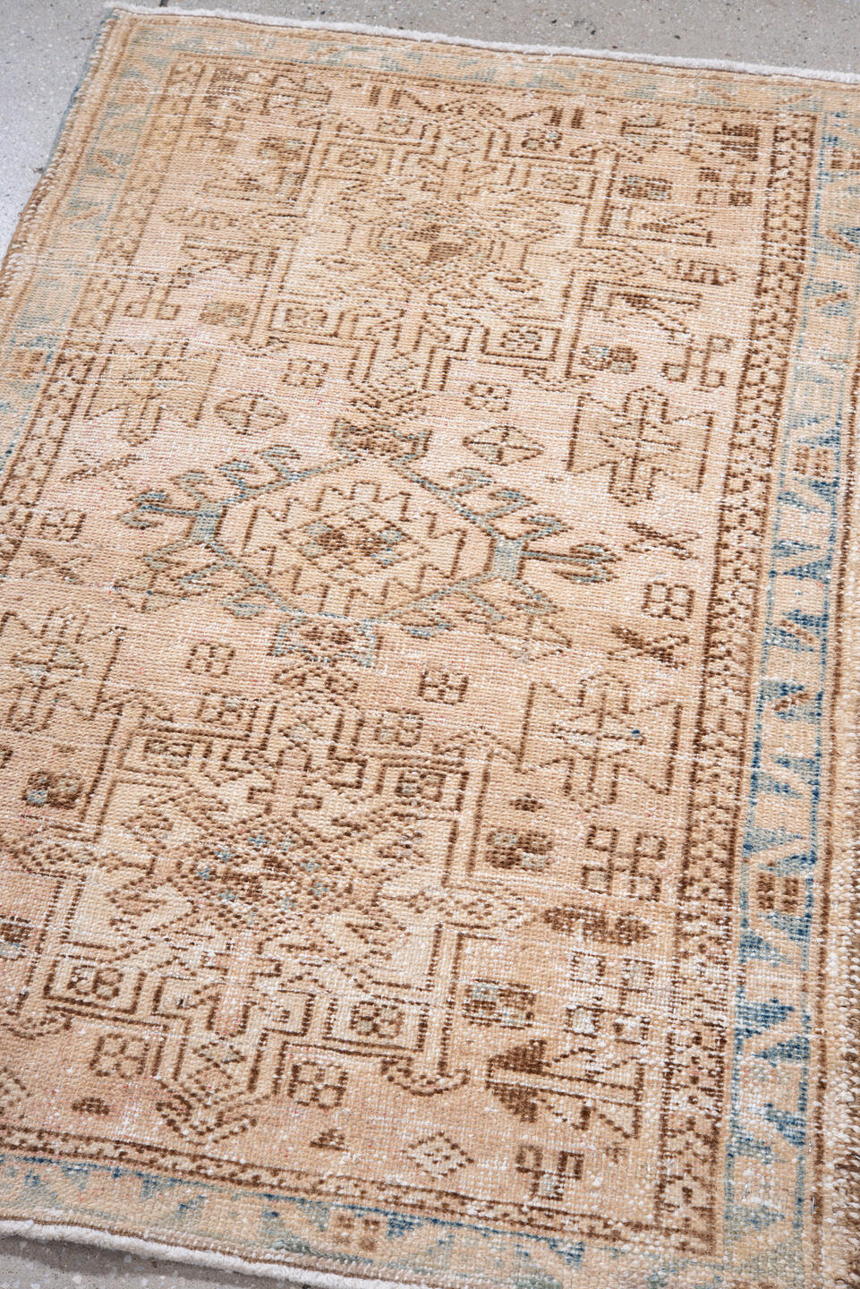 2' x 3' one-of-a-kind handmade vintage Karaje small size rug. Color palette: antiquewhite, blue, brown, gray, light gray