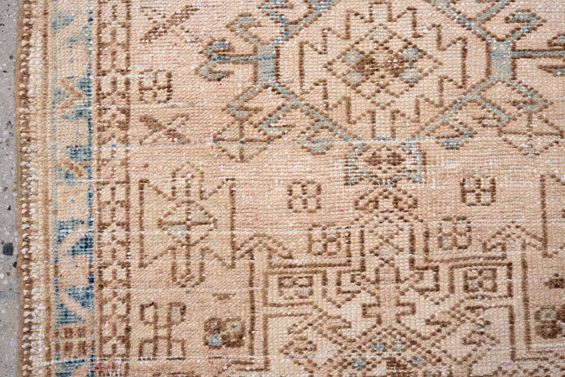 2' x 3' one-of-a-kind handmade vintage Karaje small size rug. Color palette: antiquewhite, blue, brown, gray, light gray