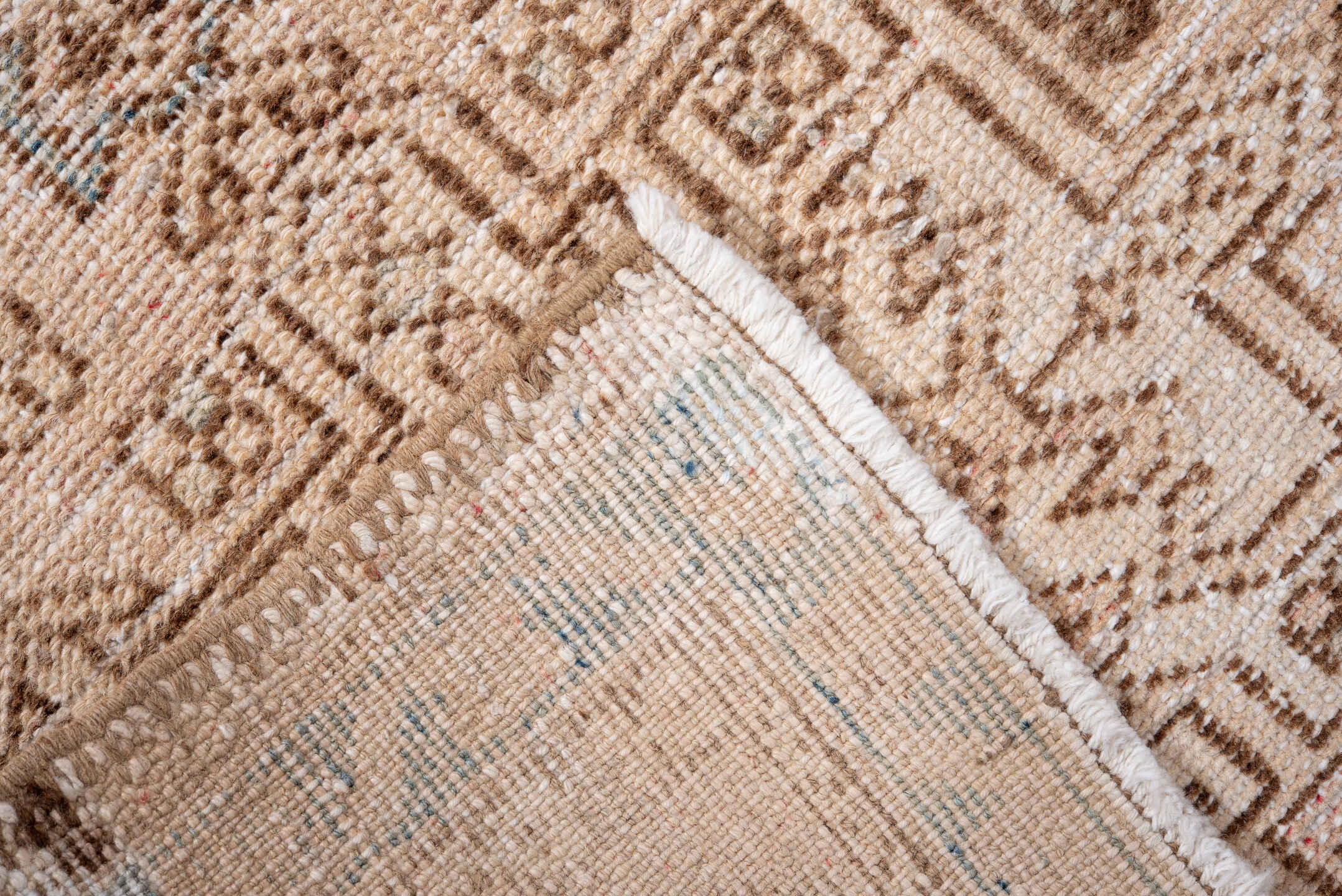 2' x 3' one-of-a-kind handmade vintage Karaje small size rug. Color palette: antiquewhite, blue, brown, gray, light gray