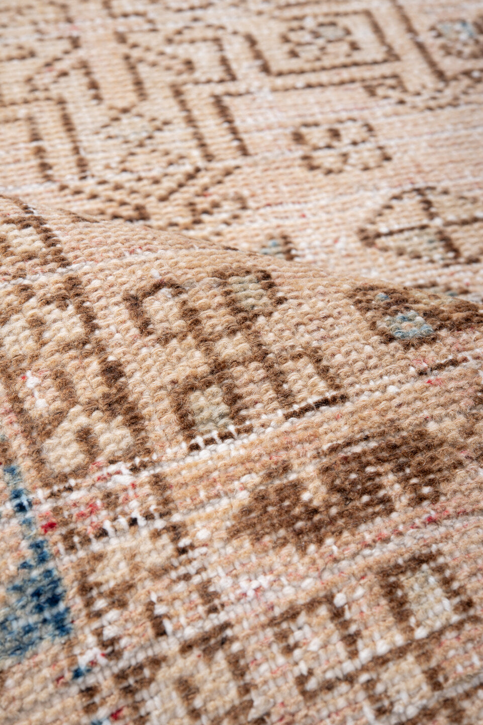 2' x 3' one-of-a-kind handmade vintage Karaje small size rug. Color palette: antiquewhite, blue, brown, gray, light gray