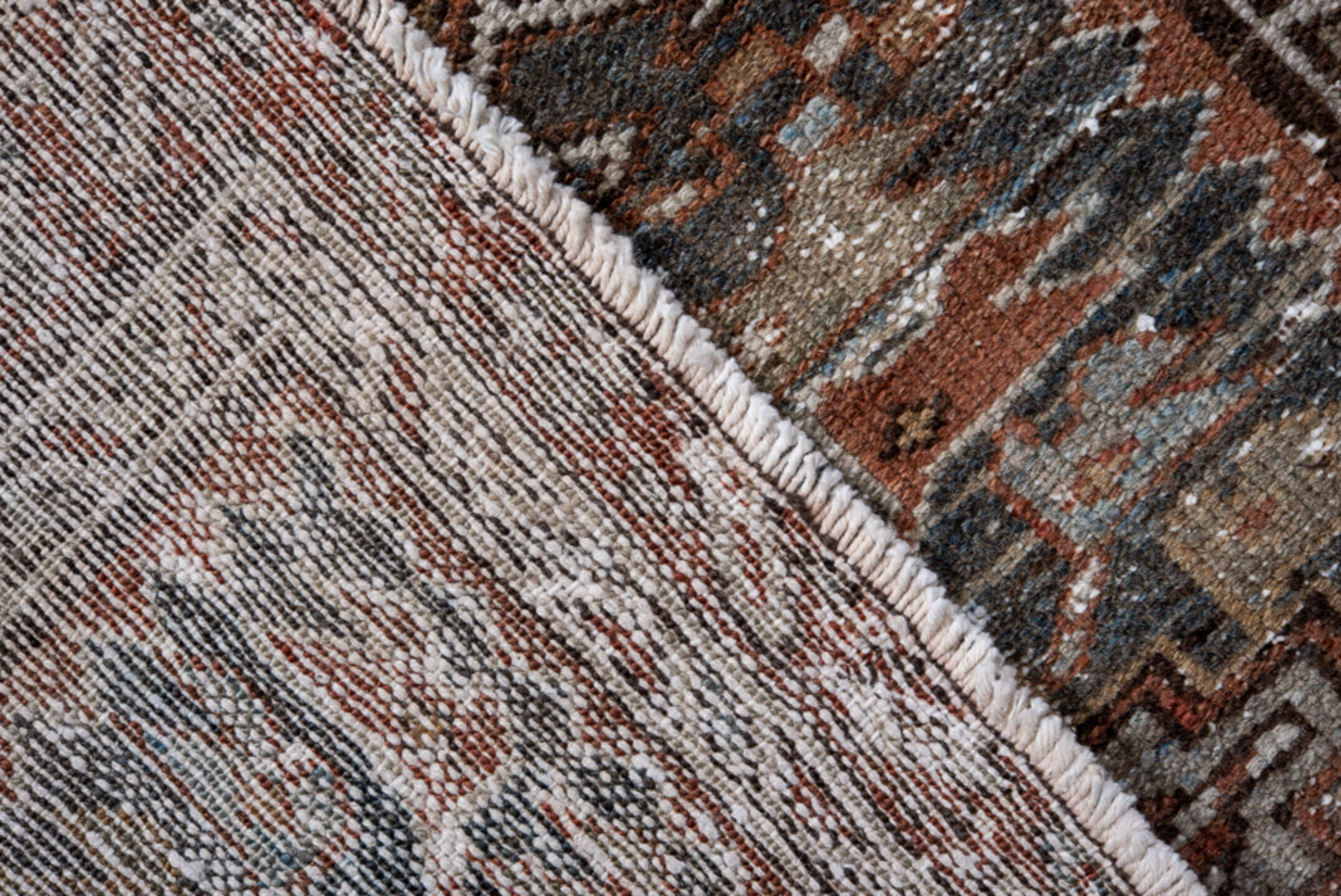 3' x 3' one-of-a-kind handmade vintage Karaje small size rug. Color palette: rust, charcoal, ivory, taupe, brown, camel