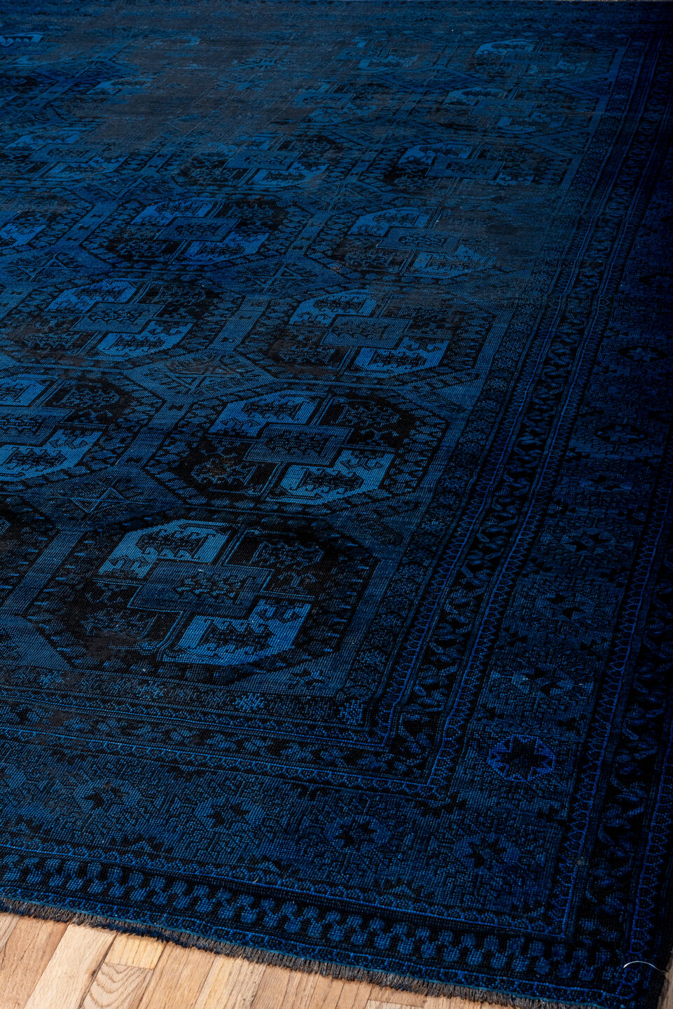 9' x 13' one-of-a-kind handmade vintage Overdyed large size rug. Color palette: blue, dim gray, gray, light gray, off-white