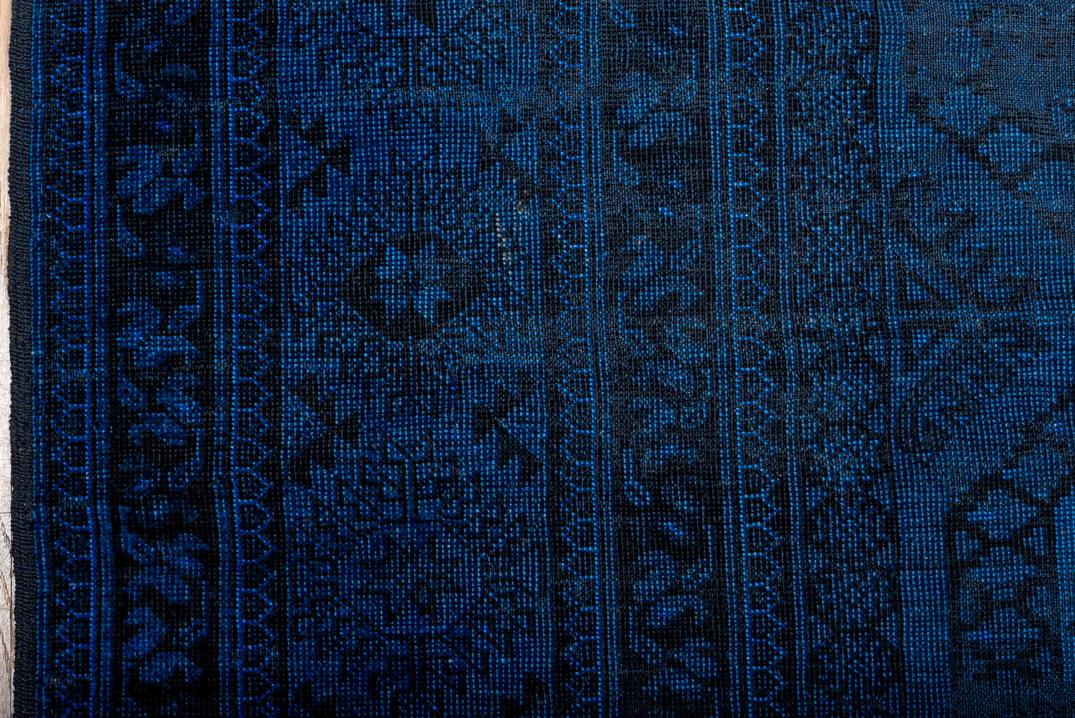 9' x 13' one-of-a-kind handmade vintage Overdyed large size rug. Color palette: blue, dim gray, gray, light gray, off-white