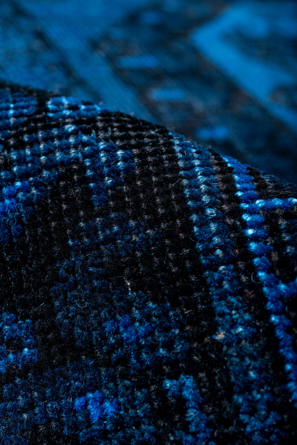 9' x 13' one-of-a-kind handmade vintage Overdyed large size rug. Color palette: blue, dim gray, gray, light gray, off-white