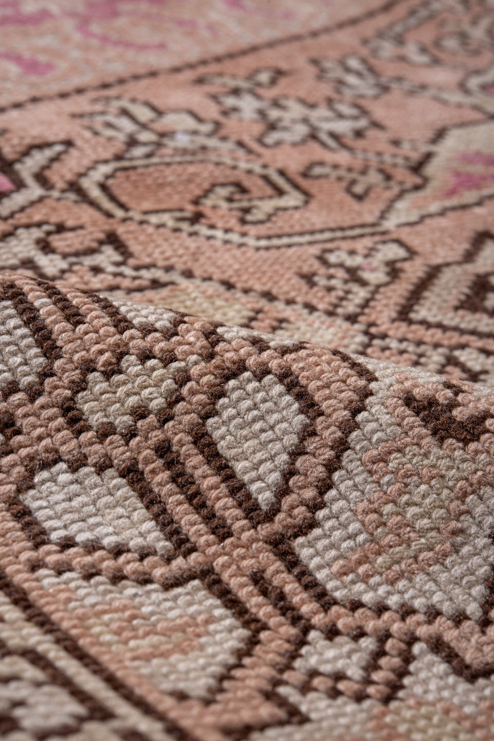 6' x 9' one-of-a-kind handmade antique Sivas medium size rug. Color palette: blush, rose, ivory, taupe, camel, brown, pink