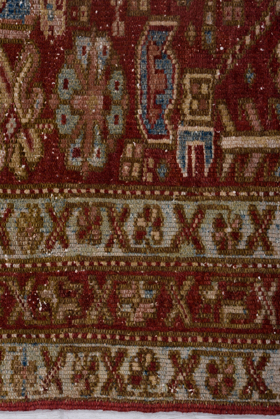3' x 11' one-of-a-kind handmade antique Karaje runner rug. Color palette: rust, ivory, sky_blue, taupe, camel, slate