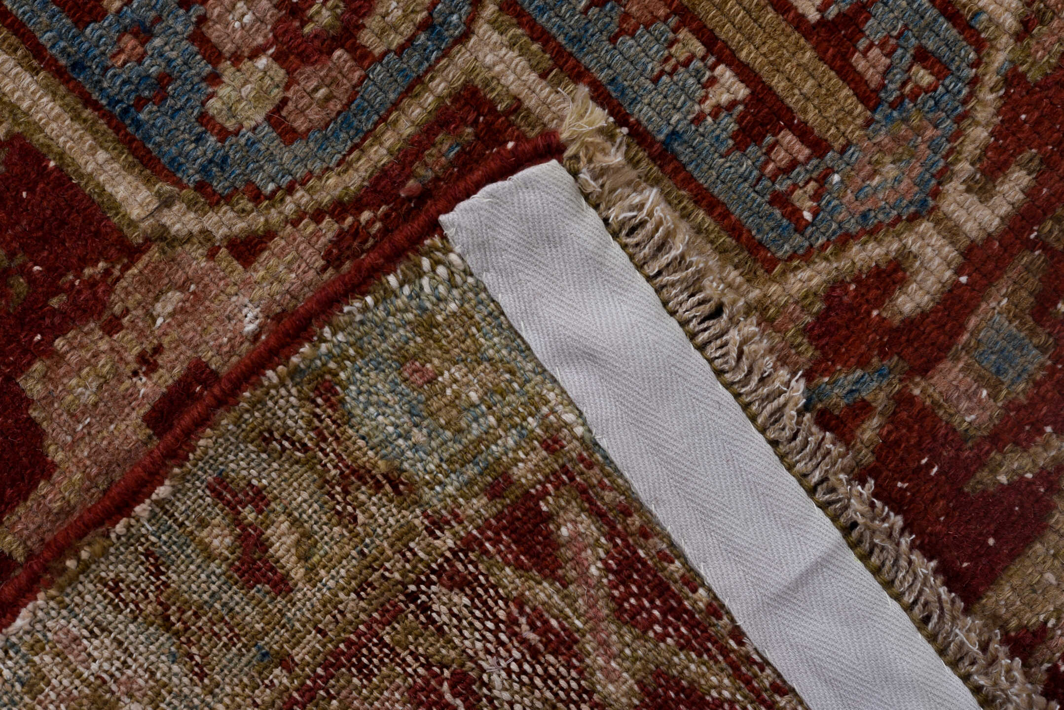 3' x 11' one-of-a-kind handmade antique Karaje runner rug. Color palette: rust, ivory, sky_blue, taupe, camel, slate