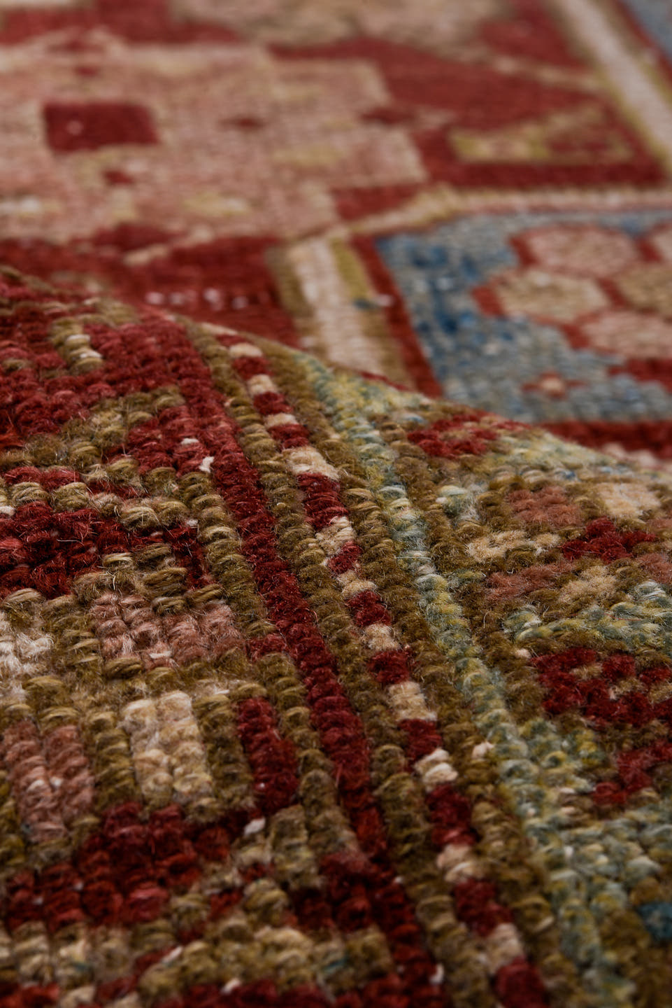 3' x 11' one-of-a-kind handmade antique Karaje runner rug. Color palette: rust, ivory, sky_blue, taupe, camel, slate