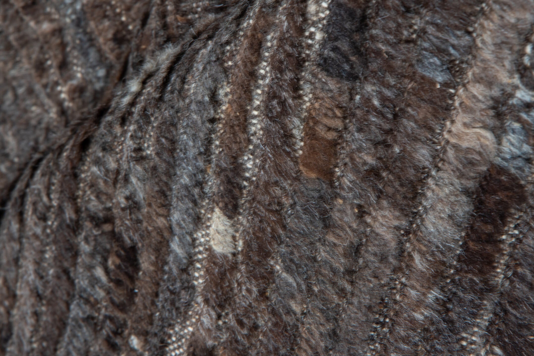9' x 12' one-of-a-kind handmade vintage Tulu large size rug. Color palette: taupe, brown, charcoal, mushroom, espresso