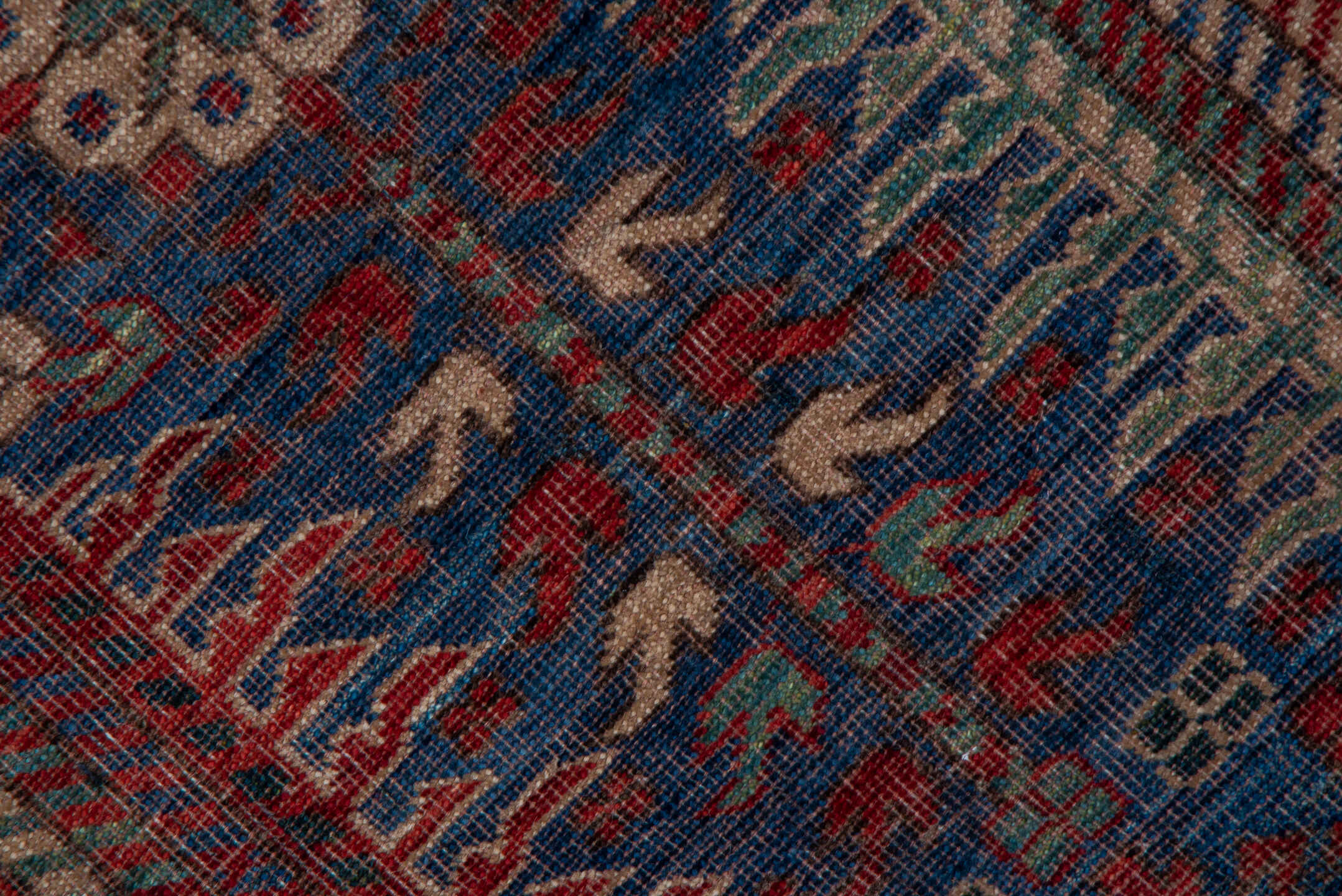 5' x 8' one-of-a-kind handmade vintage Shirvan medium size rug. Color palette: blue, brown, gray, pink, red, redwood