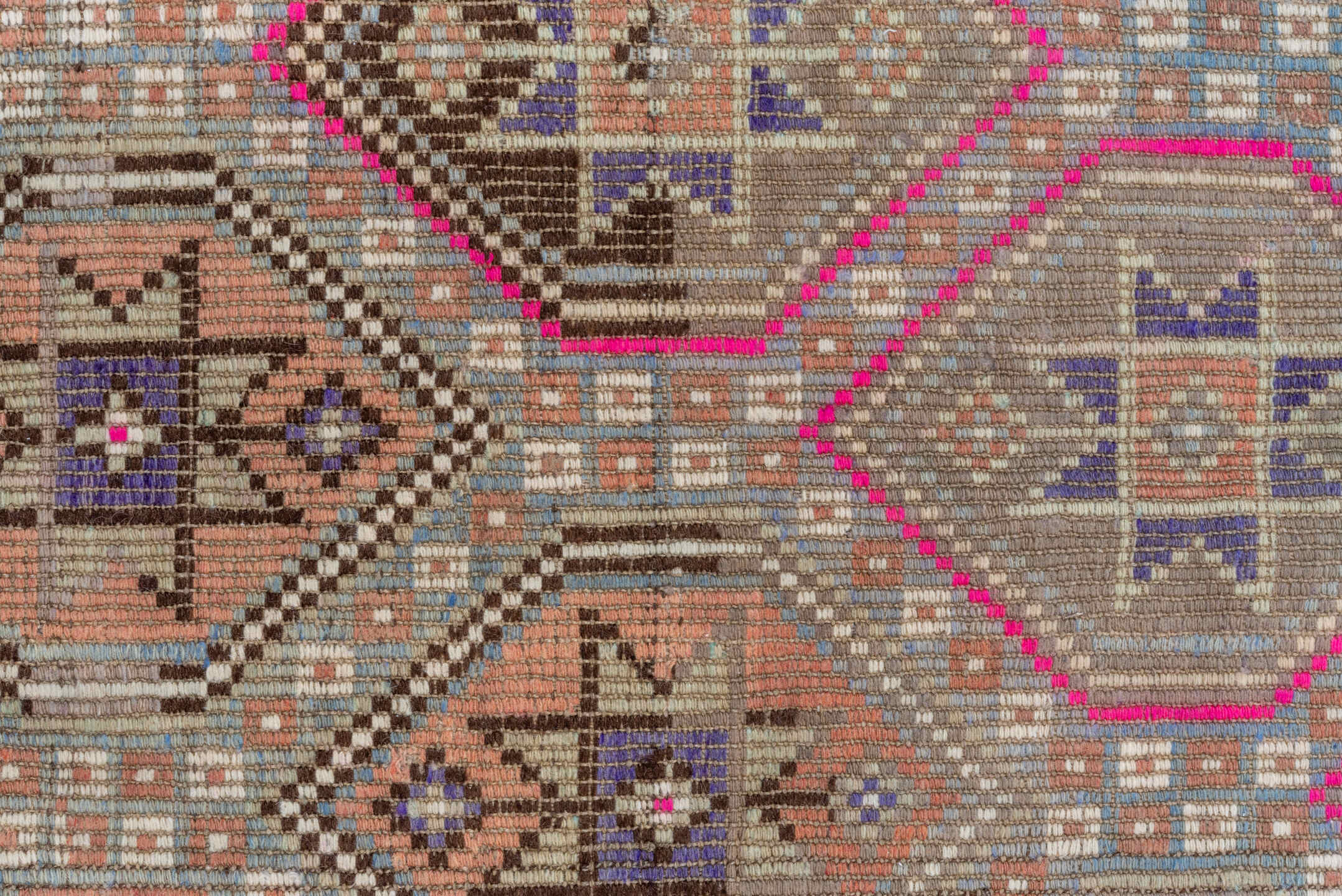 6' x 9' one-of-a-kind handmade antique Jijim medium size rug. Color palette: camel, taupe, rose, ivory, slate, violet, sand