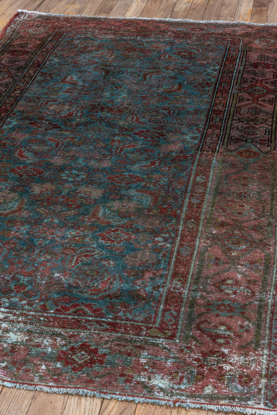 3' x 5' one-of-a-kind handmade vintage Malayer small size rug. Color palette: rust, teal, rose, burgundy, ivory, charcoal