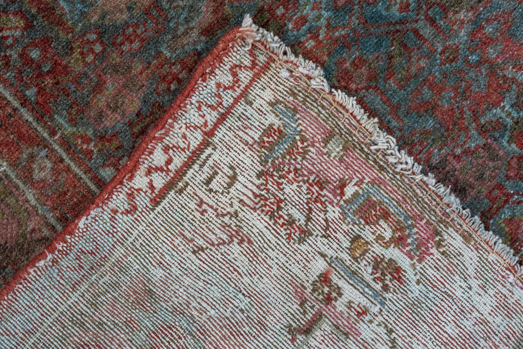 3' x 5' one-of-a-kind handmade vintage Malayer small size rug. Color palette: rust, teal, rose, burgundy, ivory, charcoal