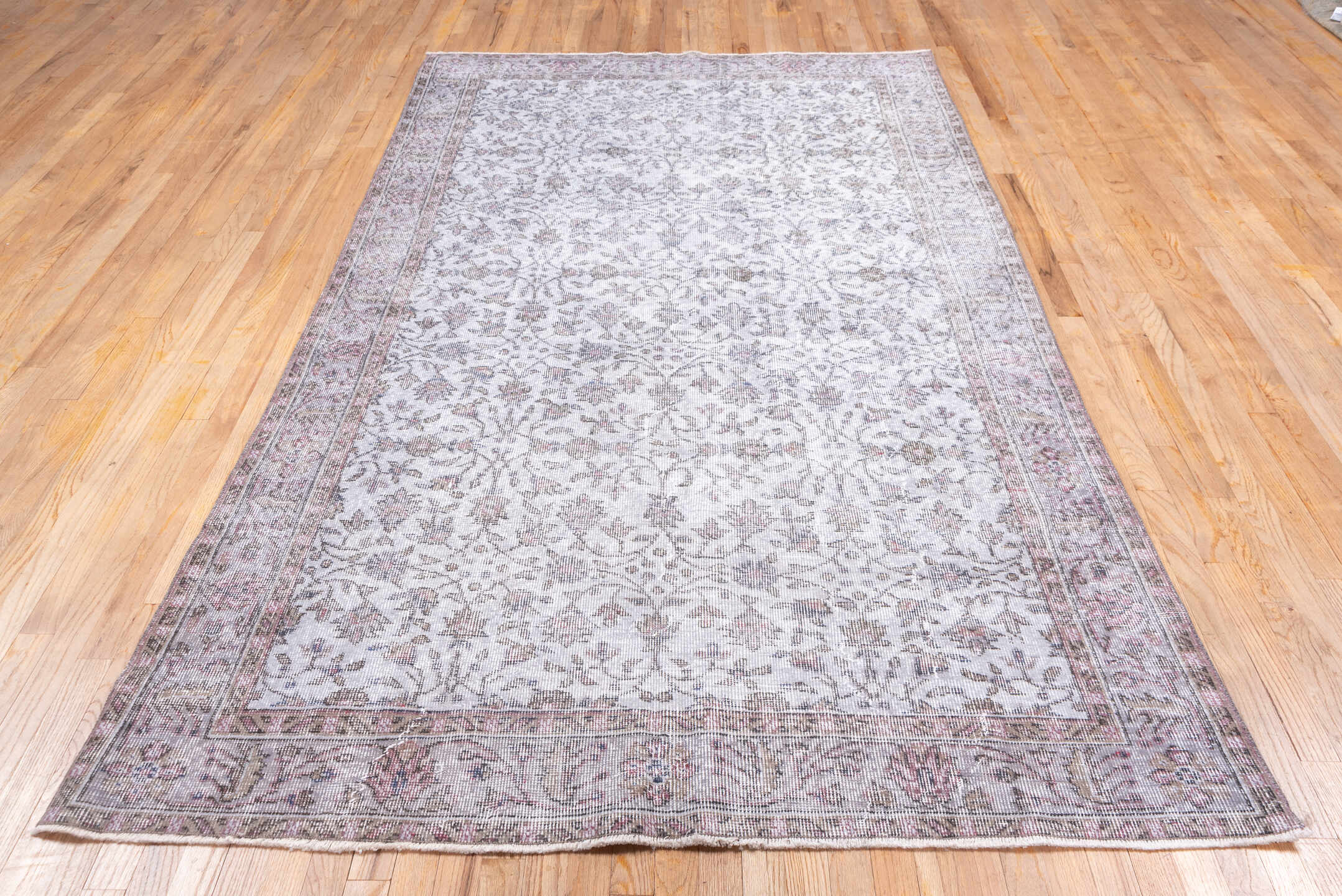 5' x 9' one-of-a-kind handmade vintage Overdyed medium size rug. Color palette: ivory, blush, taupe, rose, beige