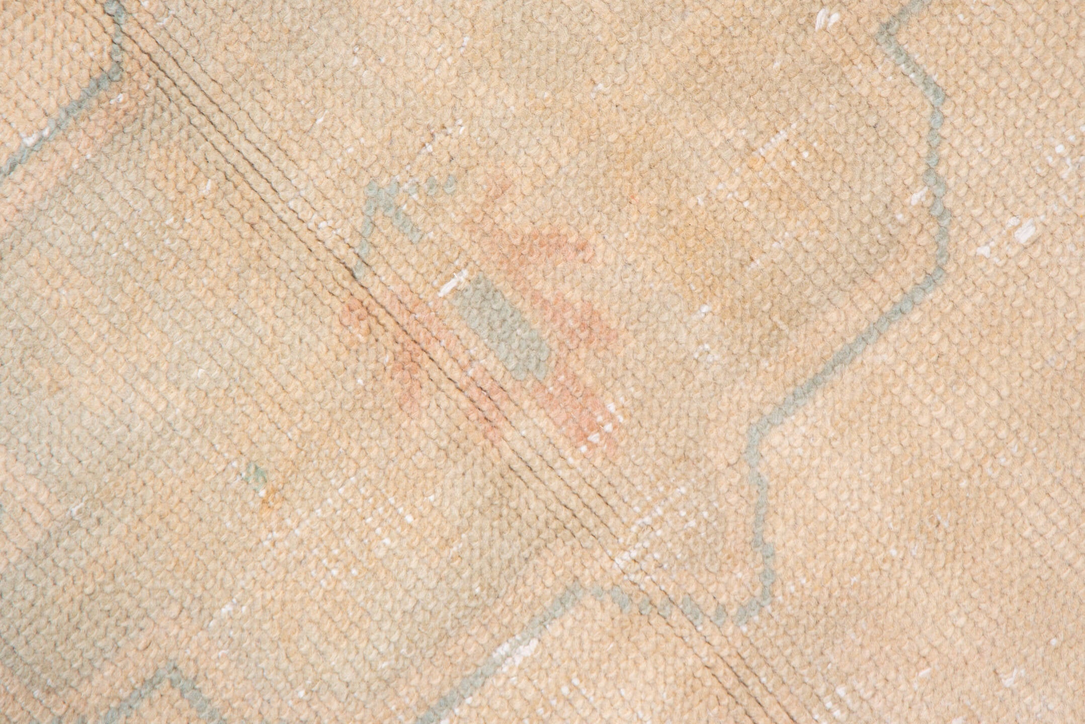 7' x 14' one-of-a-kind handmade antique Oushak large size rug. Color palette: apricot, ivory, peach, sage, taupe, rose