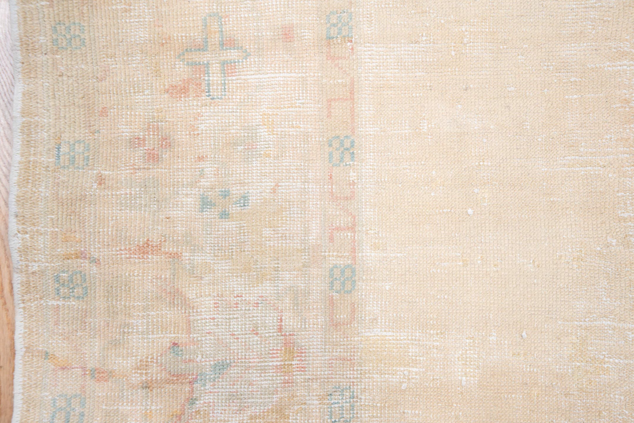7' x 14' one-of-a-kind handmade antique Oushak large size rug. Color palette: apricot, ivory, peach, sage, taupe, rose