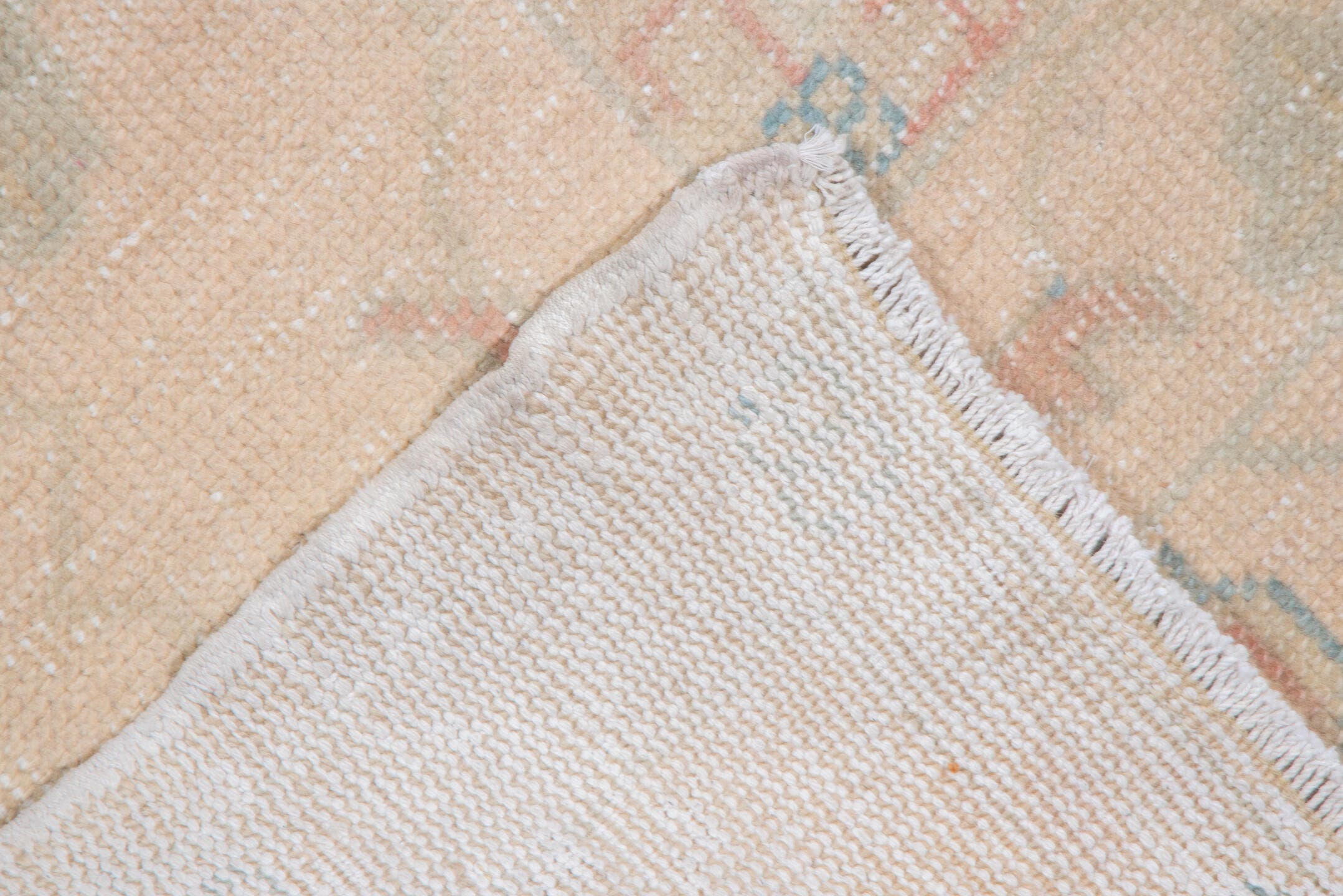 7' x 14' one-of-a-kind handmade antique Oushak large size rug. Color palette: apricot, ivory, peach, sage, taupe, rose