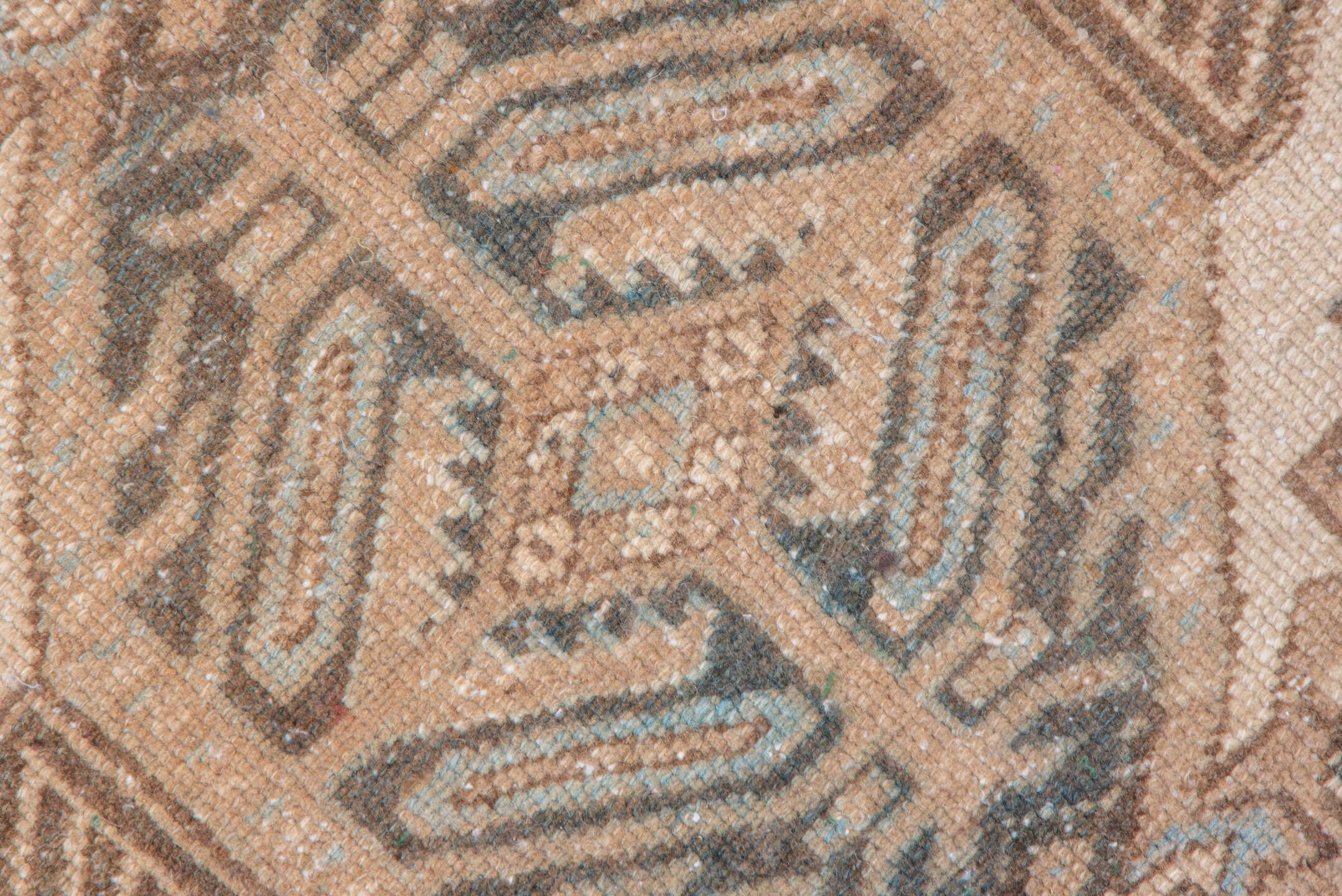 5' x 12' one-of-a-kind handmade antique Karaje runner rug. Color palette: ivory, taupe, camel, brown, pale blue, charcoal