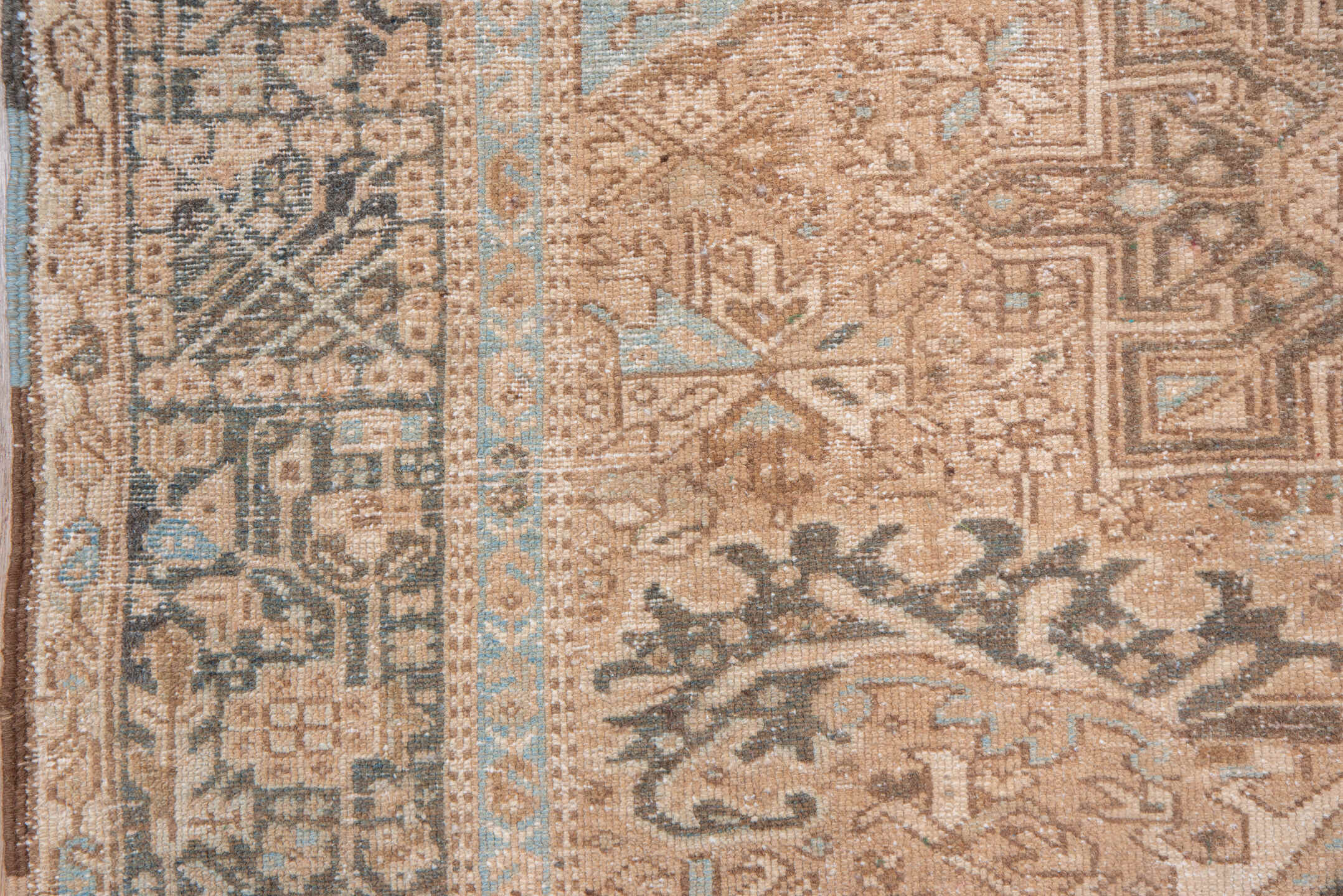 5' x 12' one-of-a-kind handmade antique Karaje runner rug. Color palette: ivory, taupe, camel, brown, pale blue, charcoal