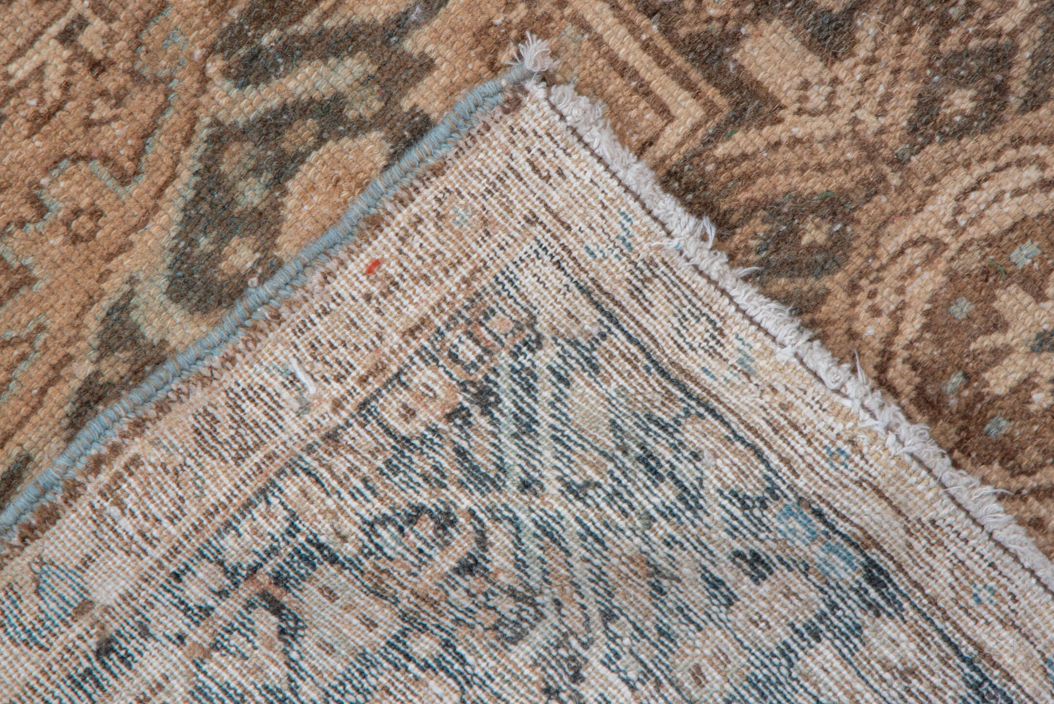 5' x 12' one-of-a-kind handmade antique Karaje runner rug. Color palette: ivory, taupe, camel, brown, pale blue, charcoal