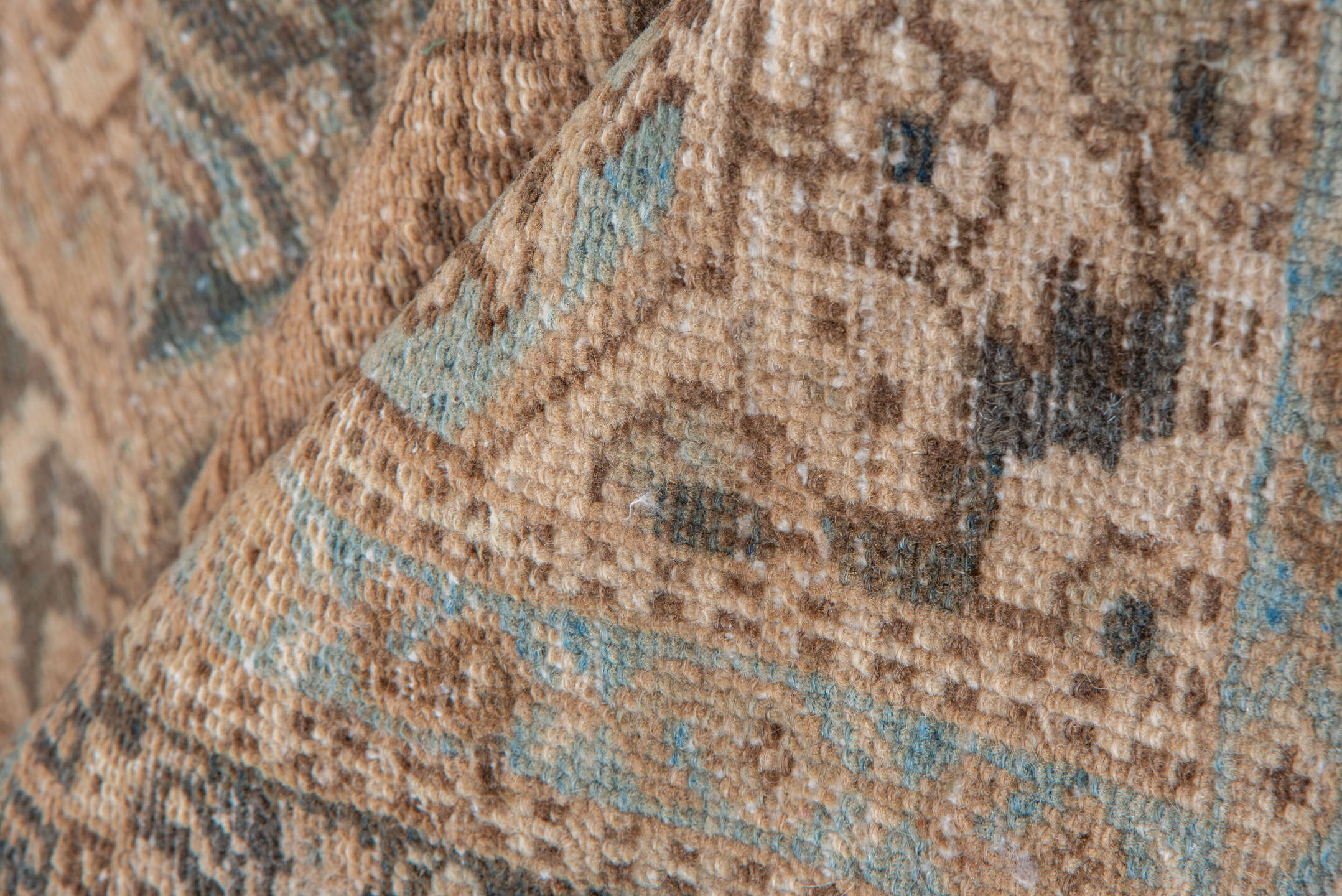 5' x 12' one-of-a-kind handmade antique Karaje runner rug. Color palette: ivory, taupe, camel, brown, pale blue, charcoal