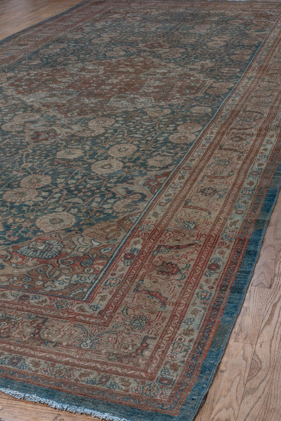 7' x 17' one-of-a-kind handmade vintage Malayer rug. Color palette: teal, rust, ivory, rose, taupe, slate, burgundy