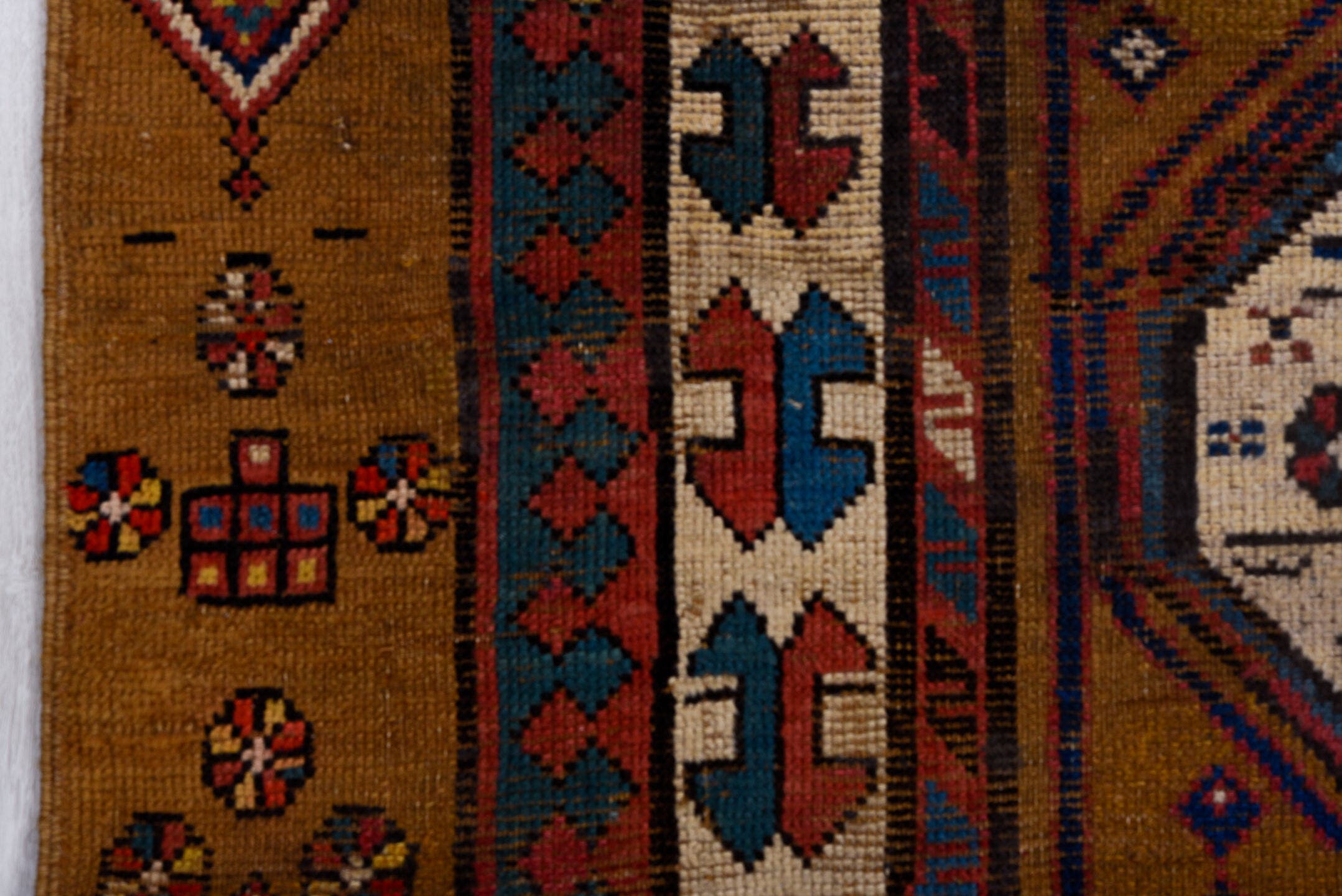 3' x 12' one-of-a-kind handmade antique Sarab runner rug. Color palette: camel, ivory, rust, navy, brick, sky_blue, brown
