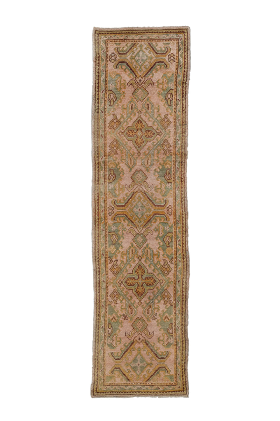 3' x 11' one-of-a-kind handmade antique Oushak runner rug. Color palette: blush, sage, gold, rust, ivory, taupe, camel, pink