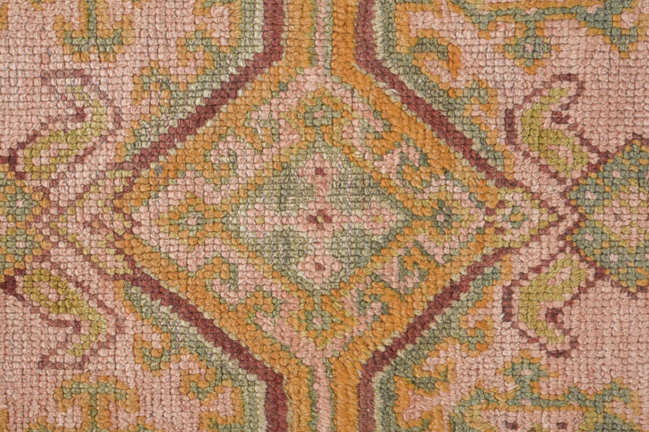 3' x 11' one-of-a-kind handmade antique Oushak runner rug. Color palette: blush, sage, gold, rust, ivory, taupe, camel, pink
